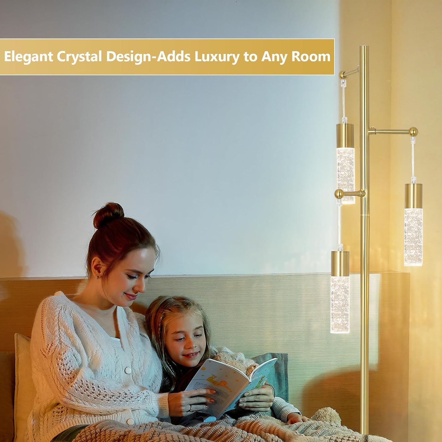 Gold Floor Lamps for Living Room, Modern Brass Standing Lamp with Bubble Crystal Shades, 3 Built-in LED Lights, ON/Off Foot Switch, Industrial Tall Tree Lamp for Bedroom Corner Home Office