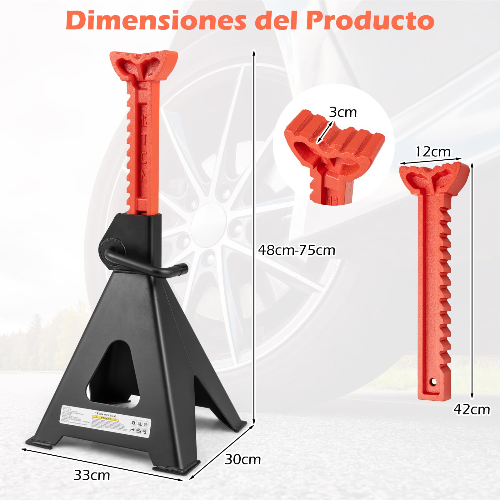 GYMAX Juego de 2 Caballetes/Borriquetas, Capacidad de 12 Toneladas, Juego de 4 Soporte, Bloqueo Automático, para Reparación, Mantenimiento y Sustitución de Neumáticos