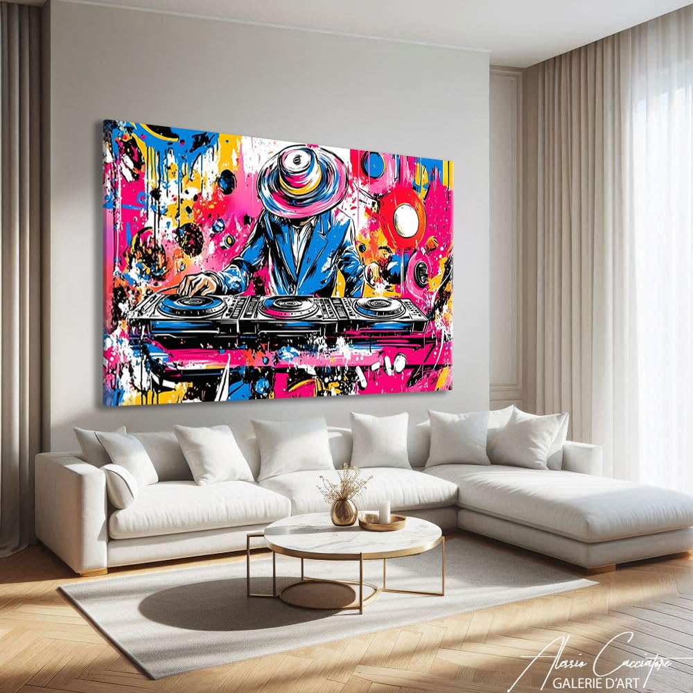Alessio Cacciatore Quadro Street Art Pop Culture - Decorazione da parete per soggiorno, musica, tela Dj - Quadro Pop Art con cornice Xxl - decorazione da parete per camera da letto - idea regalo Dj