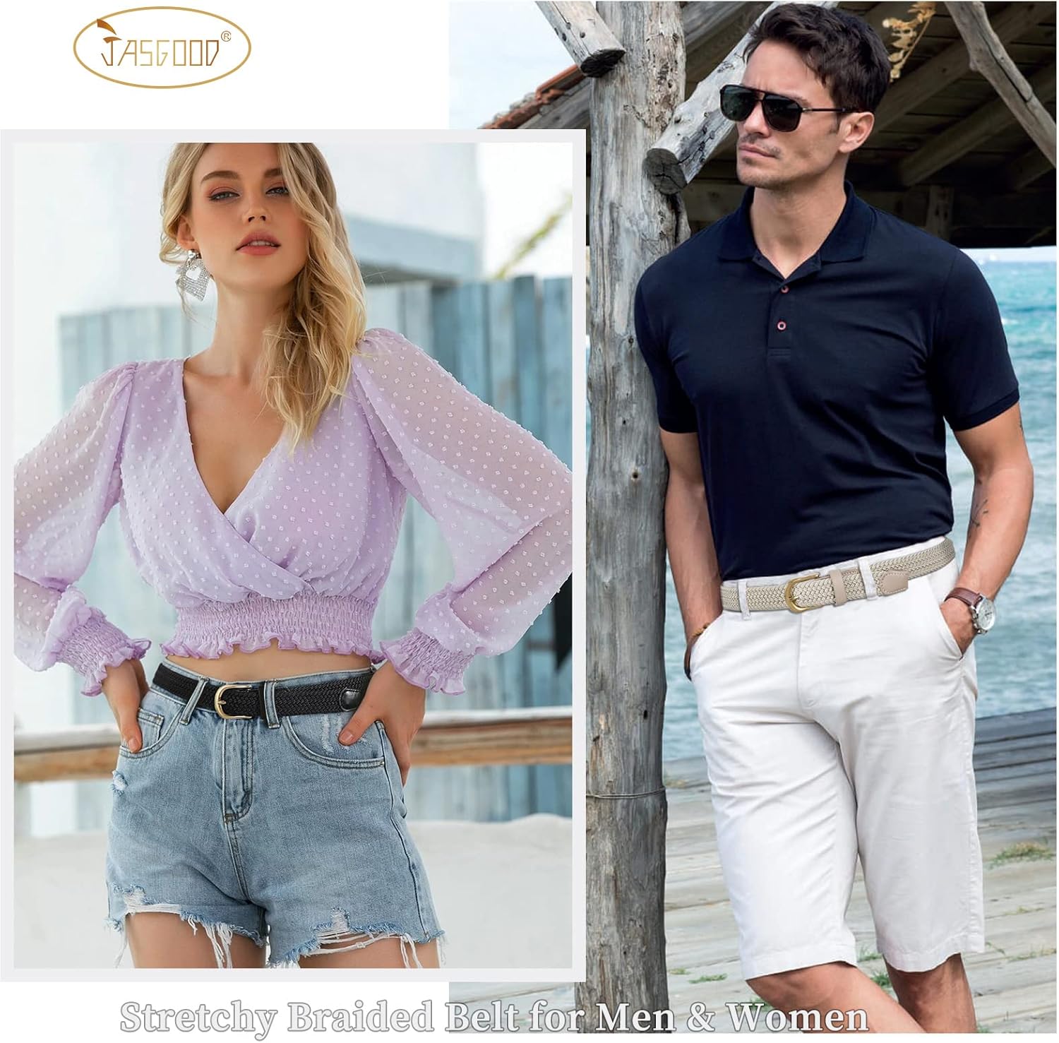 JASGOOD 2 Pack Braided Belts for Women, 1'' Narrow Width Elastic Woven Stretch Fabric Cloth Belts with Gold Buckle - Image 7