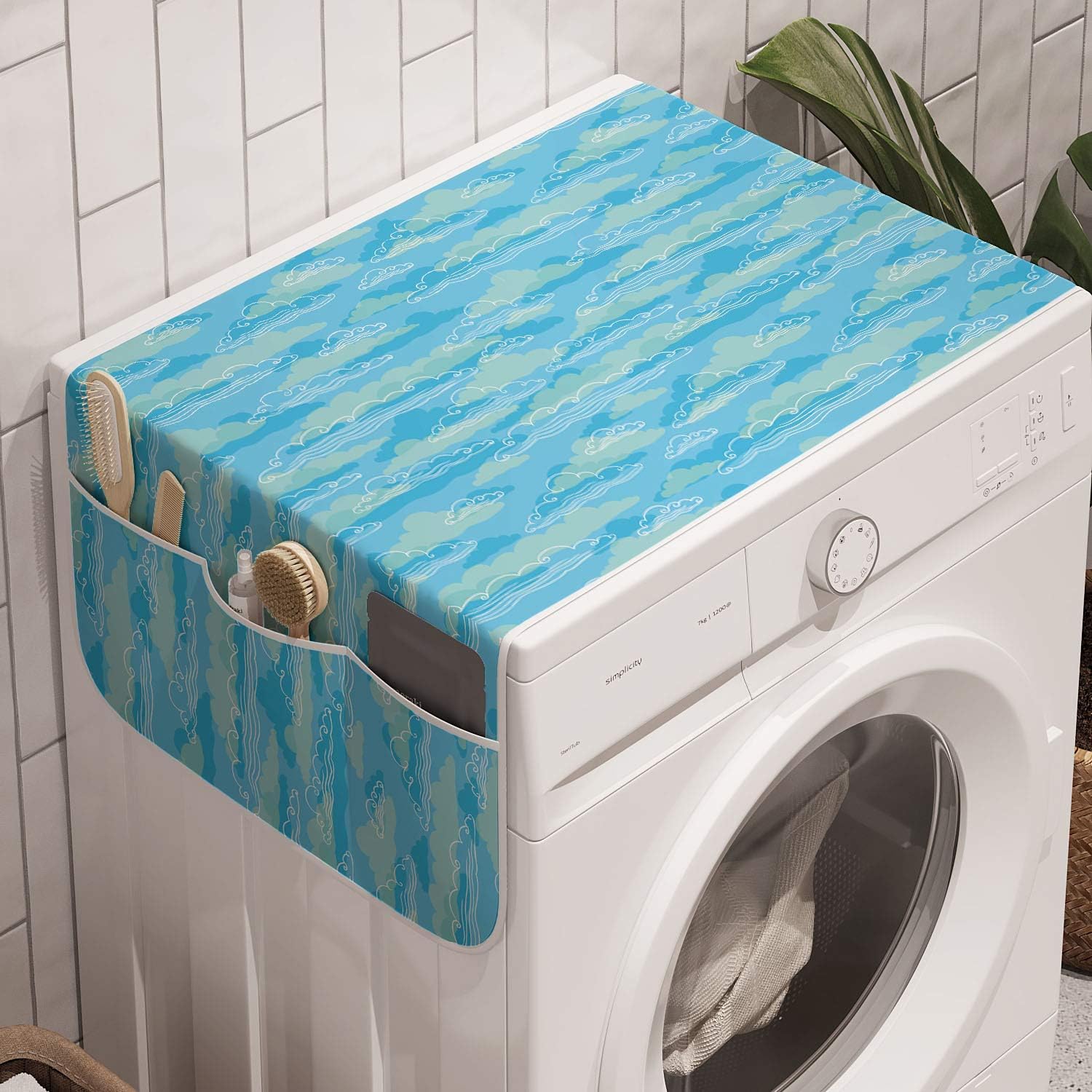 Ambesonne Cloud Washing Machine Organizer, Hand Drawn Sky Illustration Outline Drawings Spring Season Weather Ornate, Anti-slip Fabric Cover for Washers and Dryers, 47" x 18.5", Blue Pale Blue White