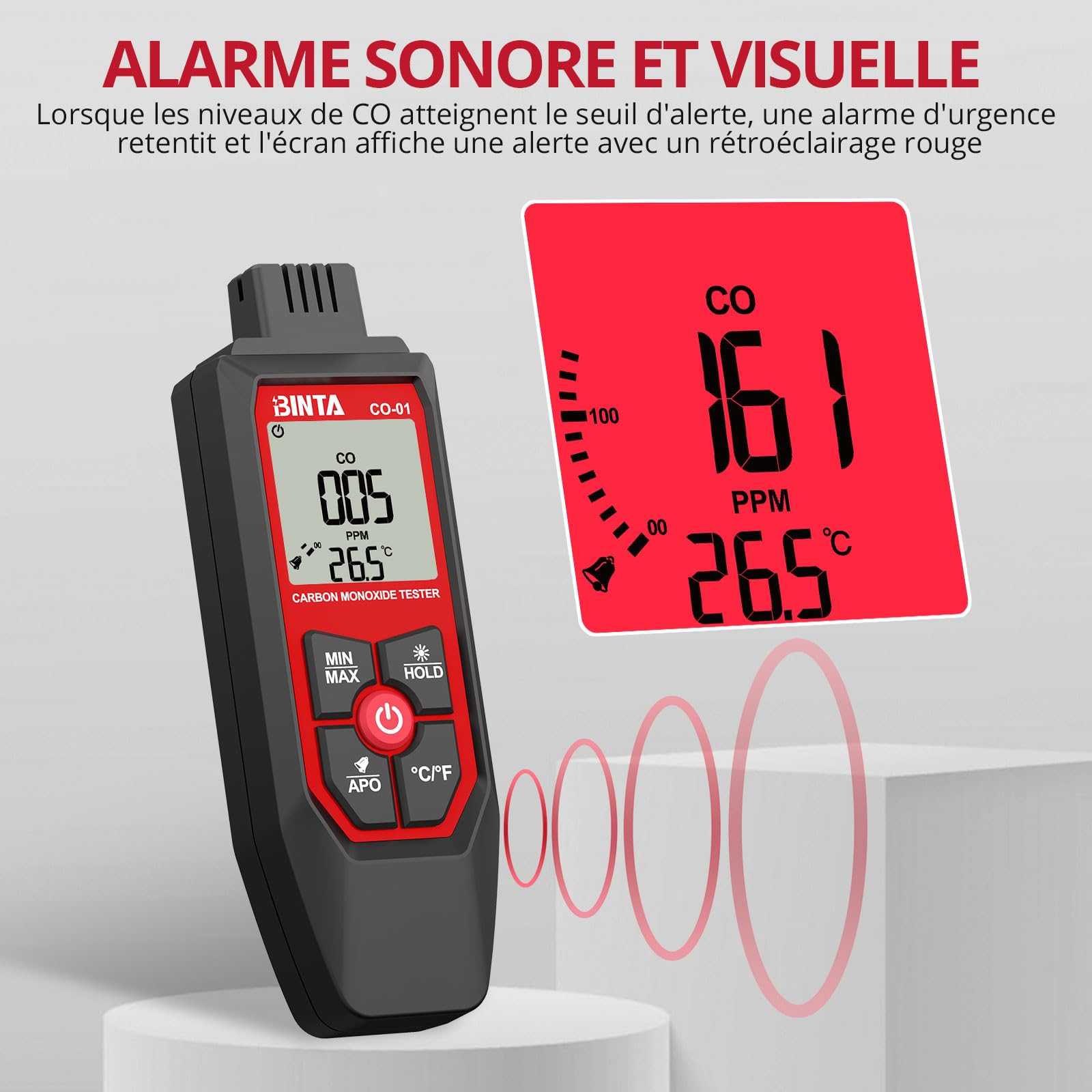 BINTA Détecteur CO Portable (0-1000 PPM), Testeur De Monoxyde De Carbone avec Alarme Sonore Et Visuelle, Écran LCD Rétroéclairé, Capteur De Température, pour Maison, Garage, Voiture, Camping