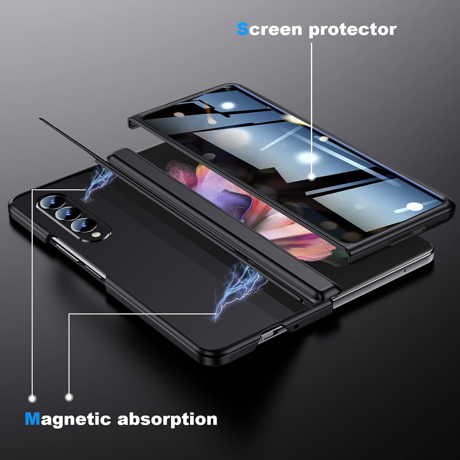 Kaiiecal for Samsung Galaxy Z-Fold-3 Privacy Case:[Hidden Kickstand][Wireless Charging] Slim Hinge Protection Lightweight Stand Phone Cover Case with Privacy Screen Protector Black