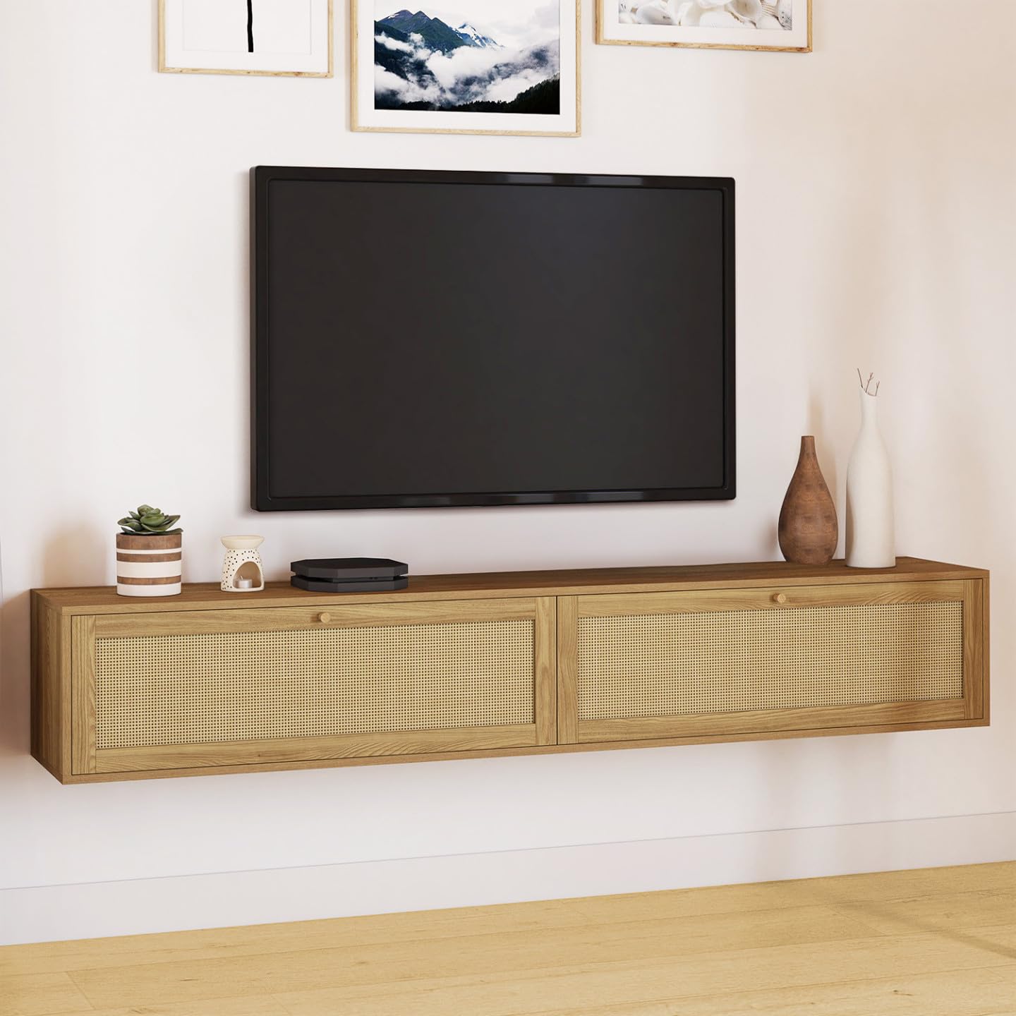 IDMarket - Meuble TV 180 cm Suspendu HANAE 2 Portes Effet Naturel cannage