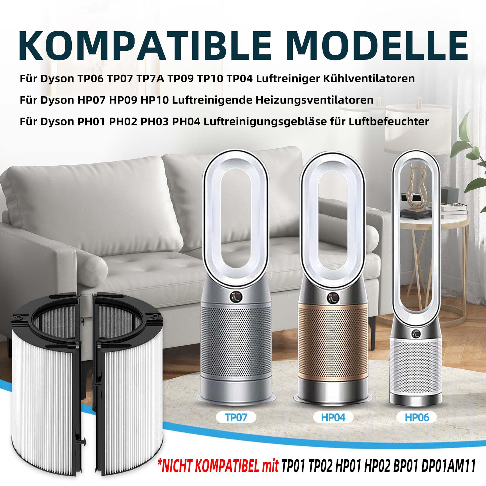 2 Stück Ersatzfilter für Dyson Luftreiniger TP09 TP10 HP07 TP06 TP7A TP07 HP09 HP10 PH01 PH02 Air Purifier Pure Cool Humidify Fan, 2-in-1 360° Kombi Glas H13 HEPA & Aktivkohle Filter, #965432-01