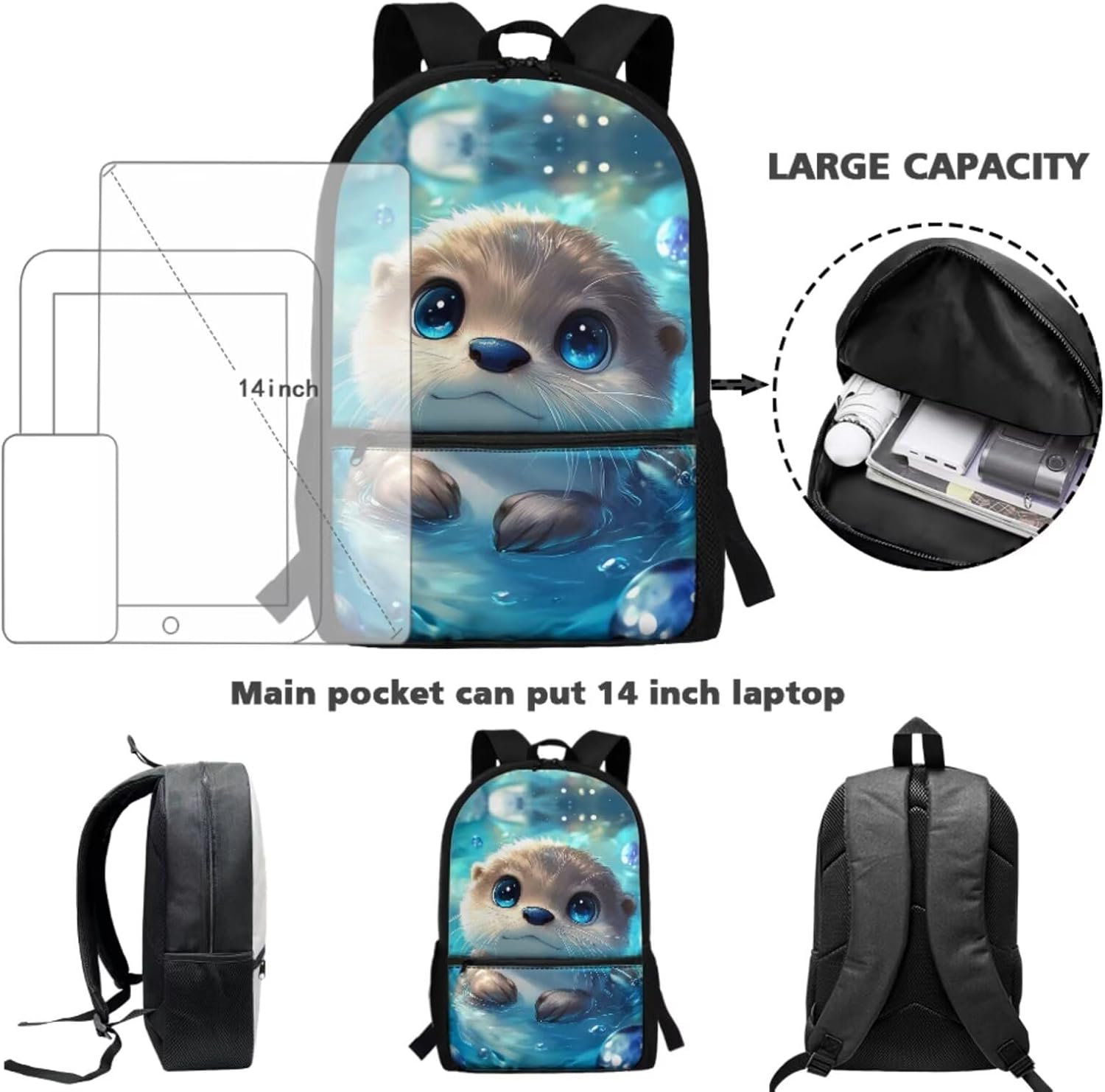 Otter Backpack for Girls Kids School Bag with Lunch Bag Pencil Case and Water Bottle Holder Set of 4 Boys Daypack Travel Bag Satchel Bagpack Back to School Accessories