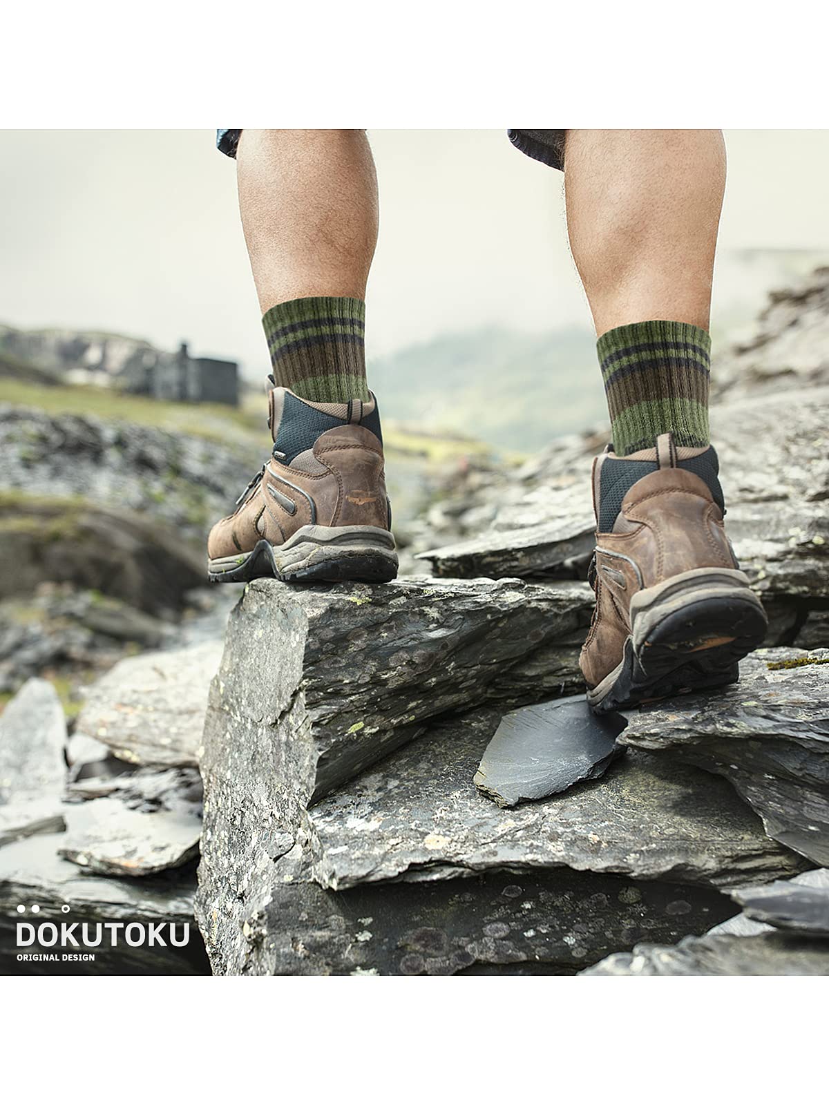 DOKUTOKU Men's Hiking Crew Socks Cushioned Moisture Wicking Athletic Boot Socks Outdoor,Trekking (DY44 Crew CA/GREE/NA)