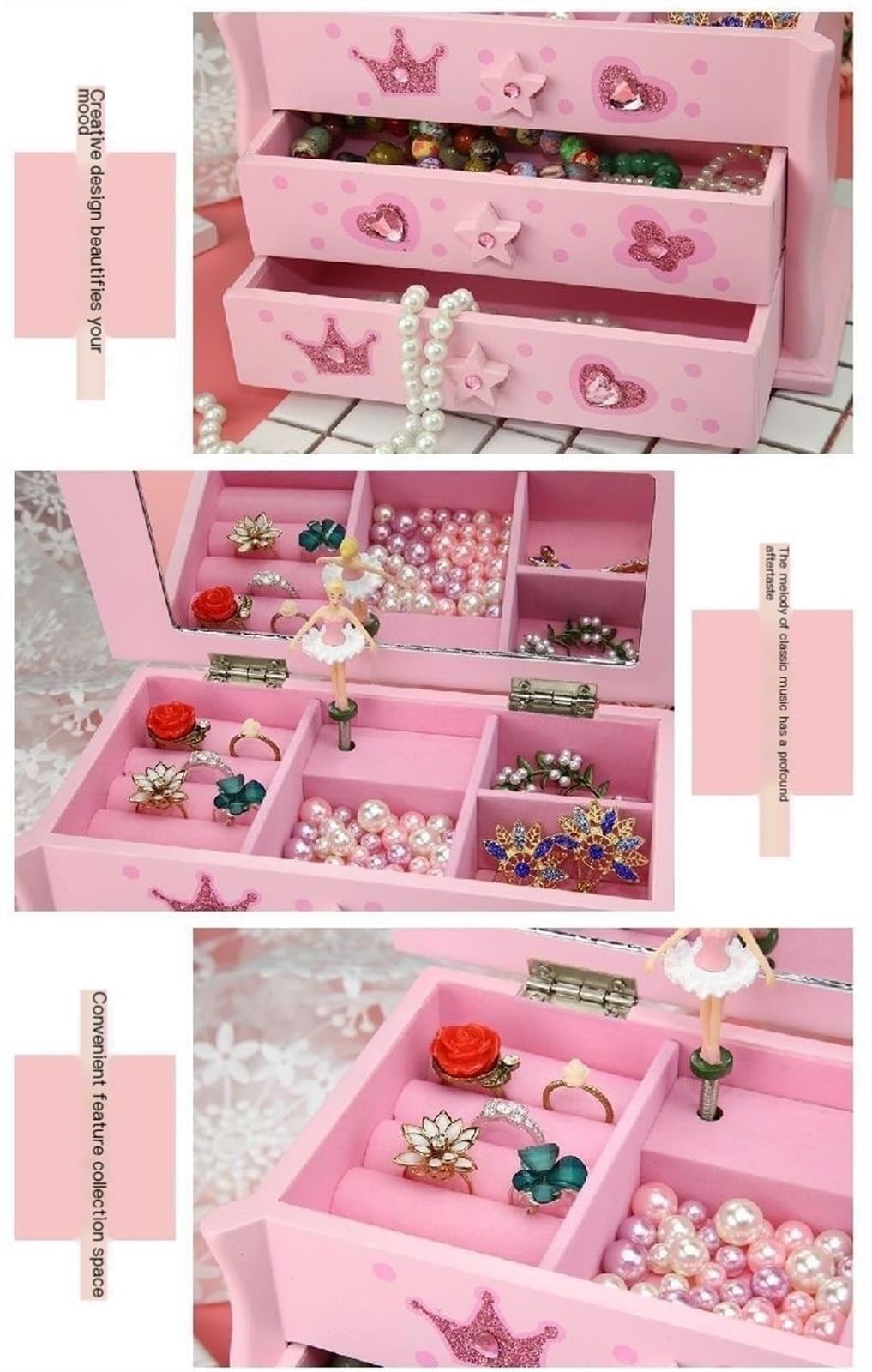 joyero Joyero for niñas, caja de música grande de 3 capas con organizador de joyas de bailarina giratoria for regalo de cumpleaños for niños grande
