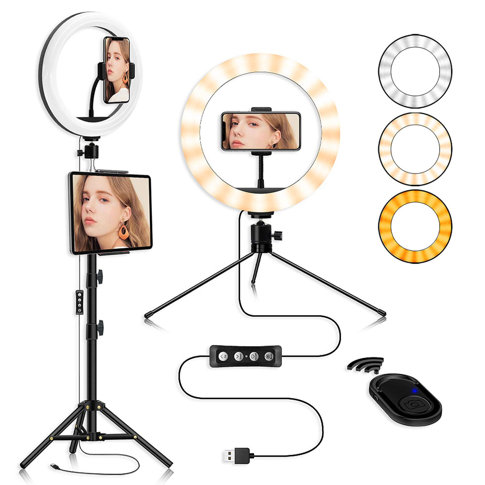 10" Luce per Selfie Luce ad Anello Treppiedi con Telecomando Wireless, 2 Clip per Cellulare Tablet, Lampada LED LED Dimmerabile per Youtube, TIK tok, Trucco, Fotografia