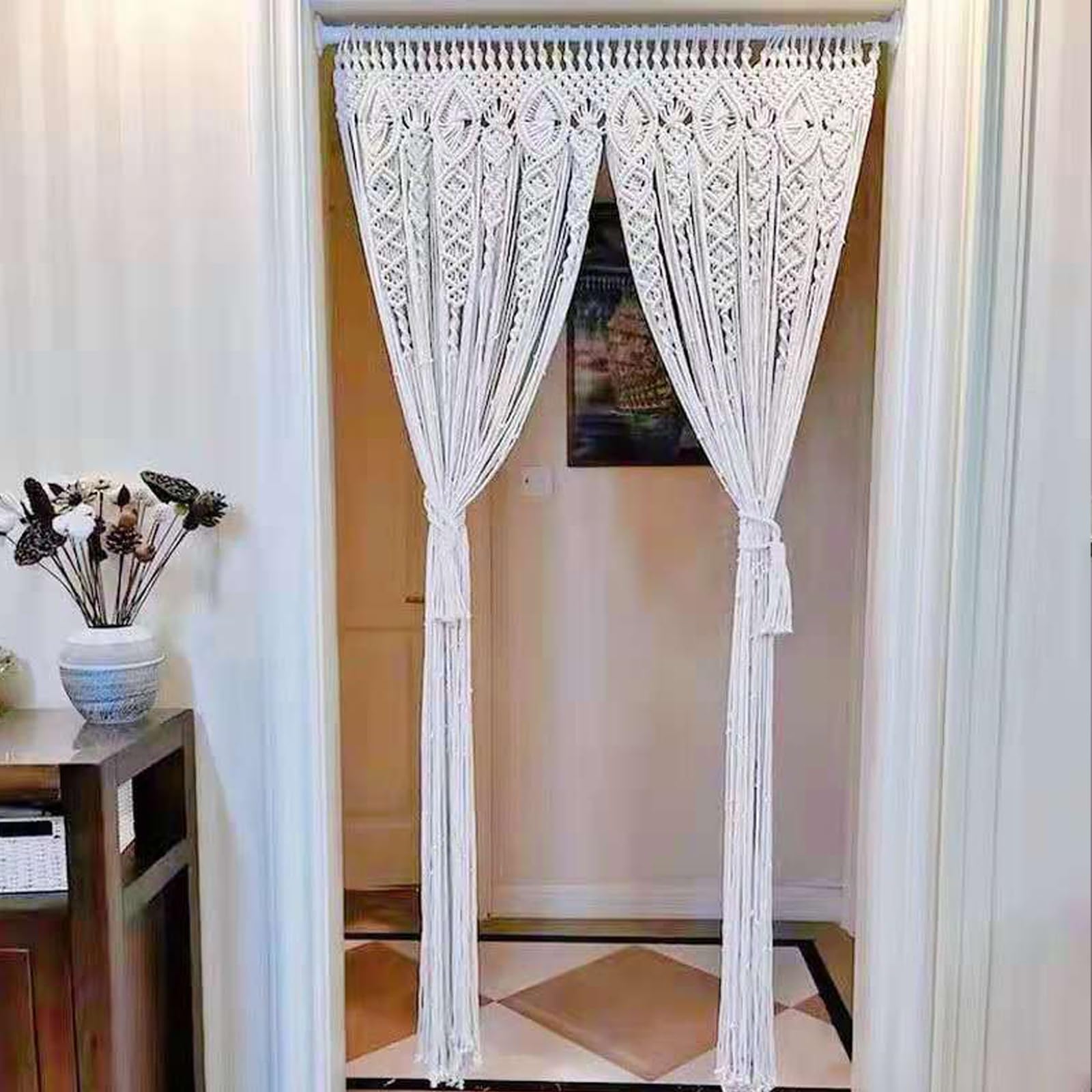 Cortinas de macramé bohemio, cortinas de ventana de tapicería tejida, cortina de boda, tapiz colgante de pared, decoración de pared tejida para sala de estar, dormitorio, fiesta de boda (A)