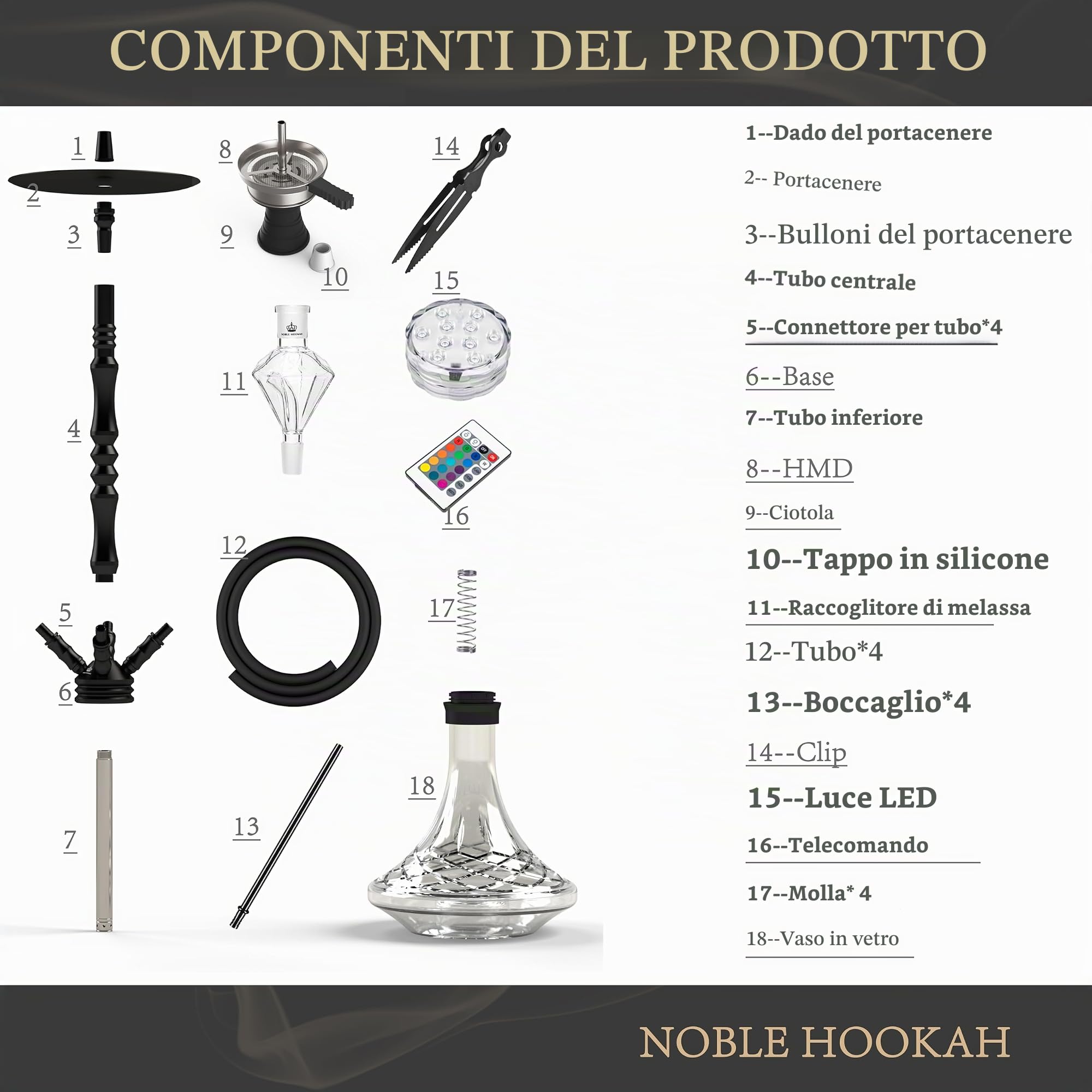 NOBLE HOOKAH Narghilè Completo 100cm Shisha, con Molasses, Tubi 150cm, Accessori Narghilè Pinze Carbone Testa con 4 Tubi, 4 Connettori, 4 Bocchini