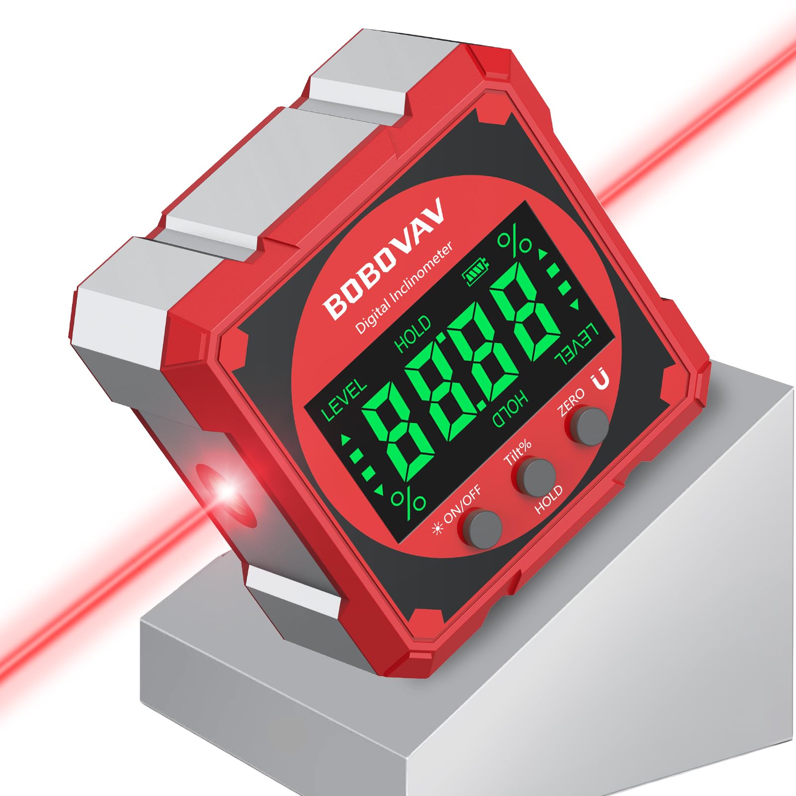 BOBOVAV 4-Side Magnetic Digital Angle Gauge with Laser(Class 2, ＜1mW Output), 4 * 90° Rechargeable Electronic Inclinometer Protractor Level Gauge for Woodworking Tablesaw- Red