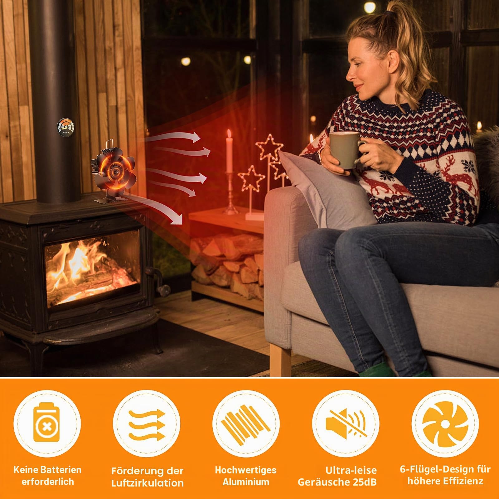 Hanaoyo Kaminventilator, Ofenventilator Ohne Strom Leiser Betrieb, Wärmebetriebener Kamin Ventilator mit 1 Ofenthermometer, Effiziente Wärmeverteilung Kaminlüfter für Holz/Holzbrenner/Kamin