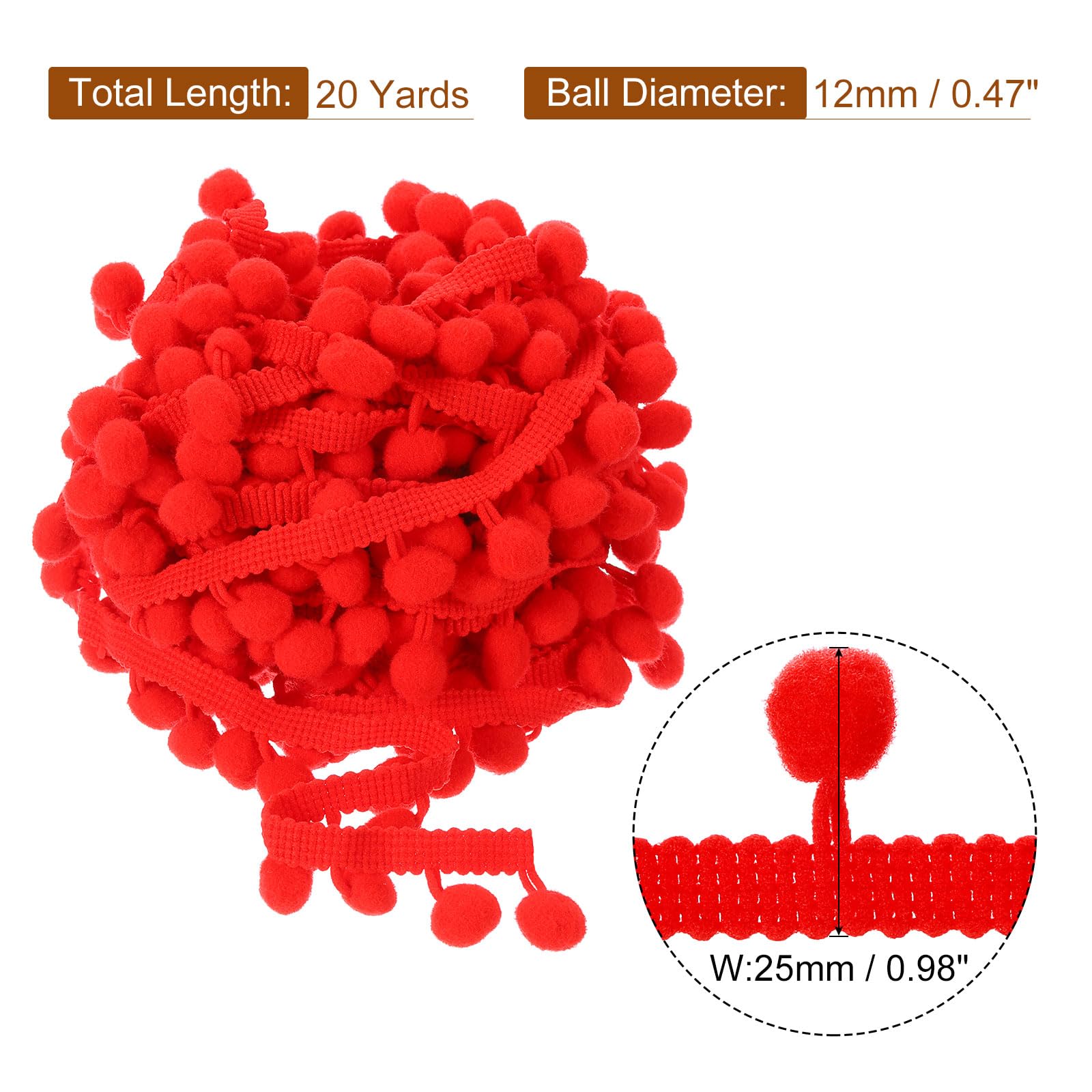 QUARKZMAN 20 Iarde di Nastro con Pom Pom, Rifinitura con Frange, Accessorio per Cucito, Artigianato Fai da Te per Tende, Abbigliamento, Cuscini (12mm, Rosso)