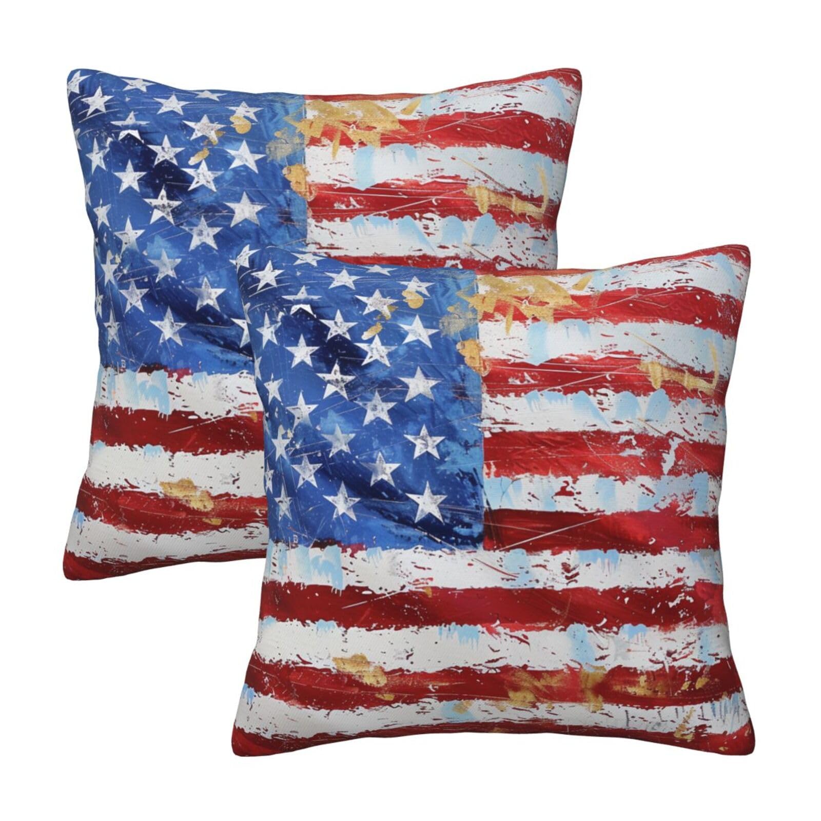 kkvhhyuo American Flag Independence Fourth of July Print Pillow Covers Set of 2, Square Decorative Cushion Covers with Hidden Zipper, Throw Pillow Cases for Living Room Sofa Bed Chair, 45x45 cm