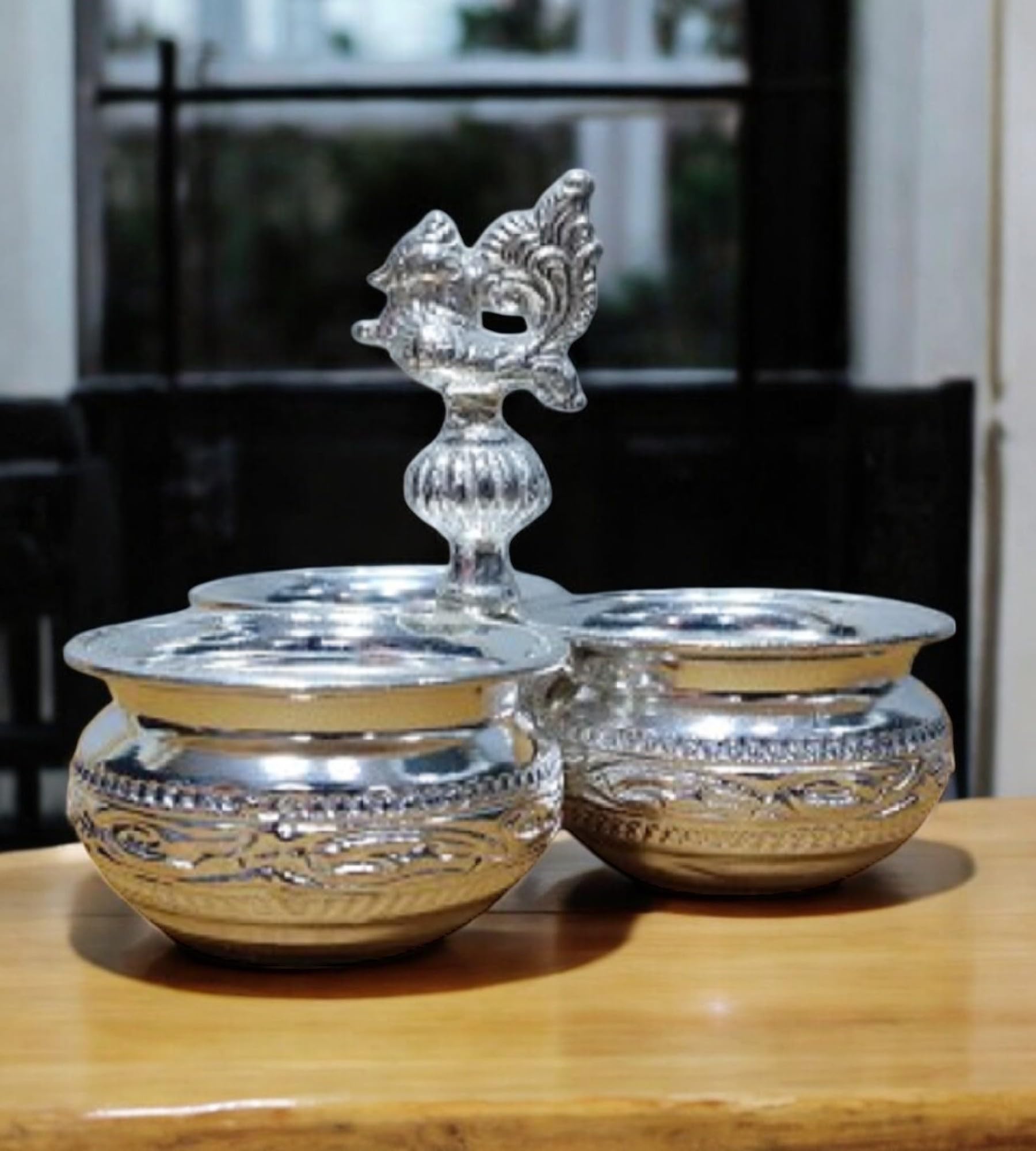 Sigaram German Silver 3 Cup Panchwala Kumkum Holder with Peacock