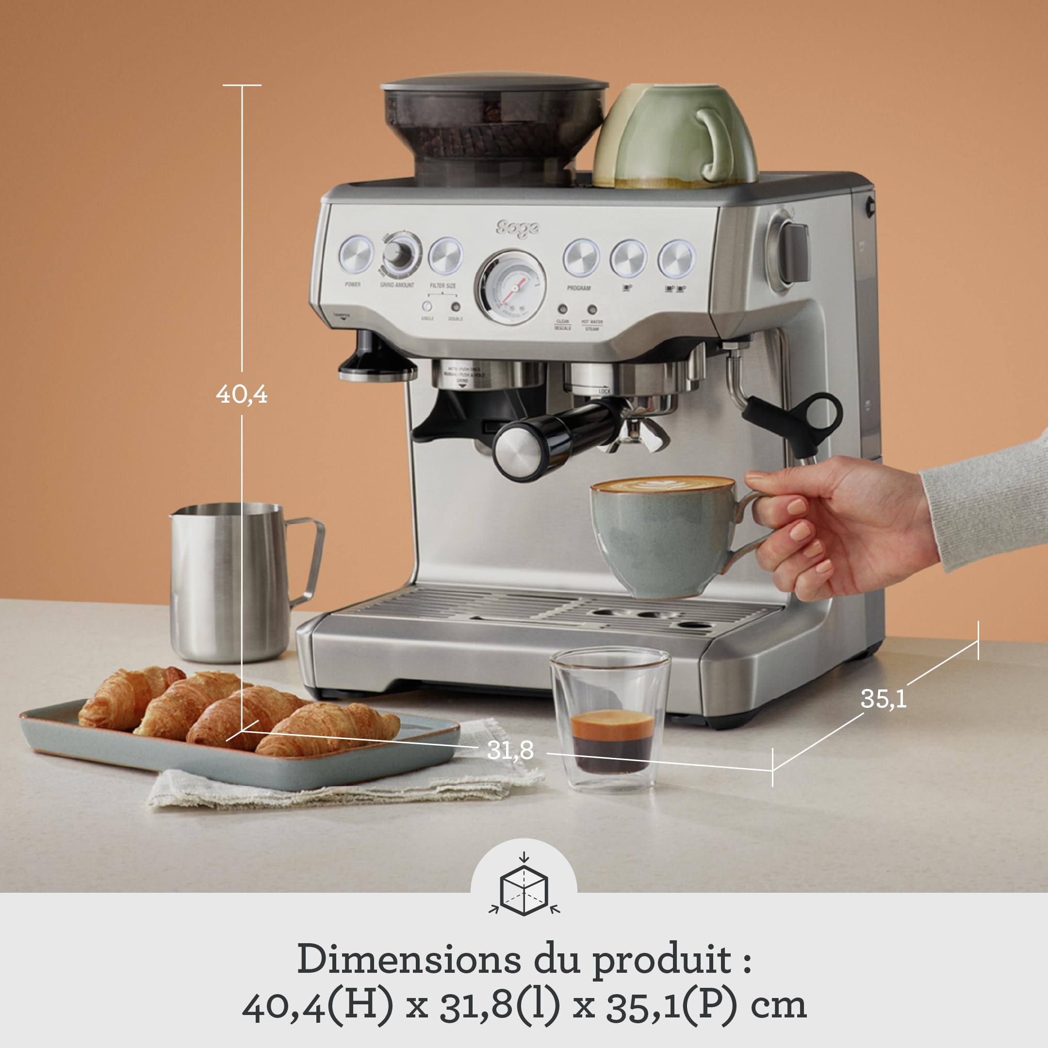 Sage - The Barista Express - Machine à Café avec Mousseur à Lait Manuel et Moulin - Mouture Automatique, Mousse Personnalisée - Acier Inoxydable Brossé, Pichet à Lait avec Thermomètre