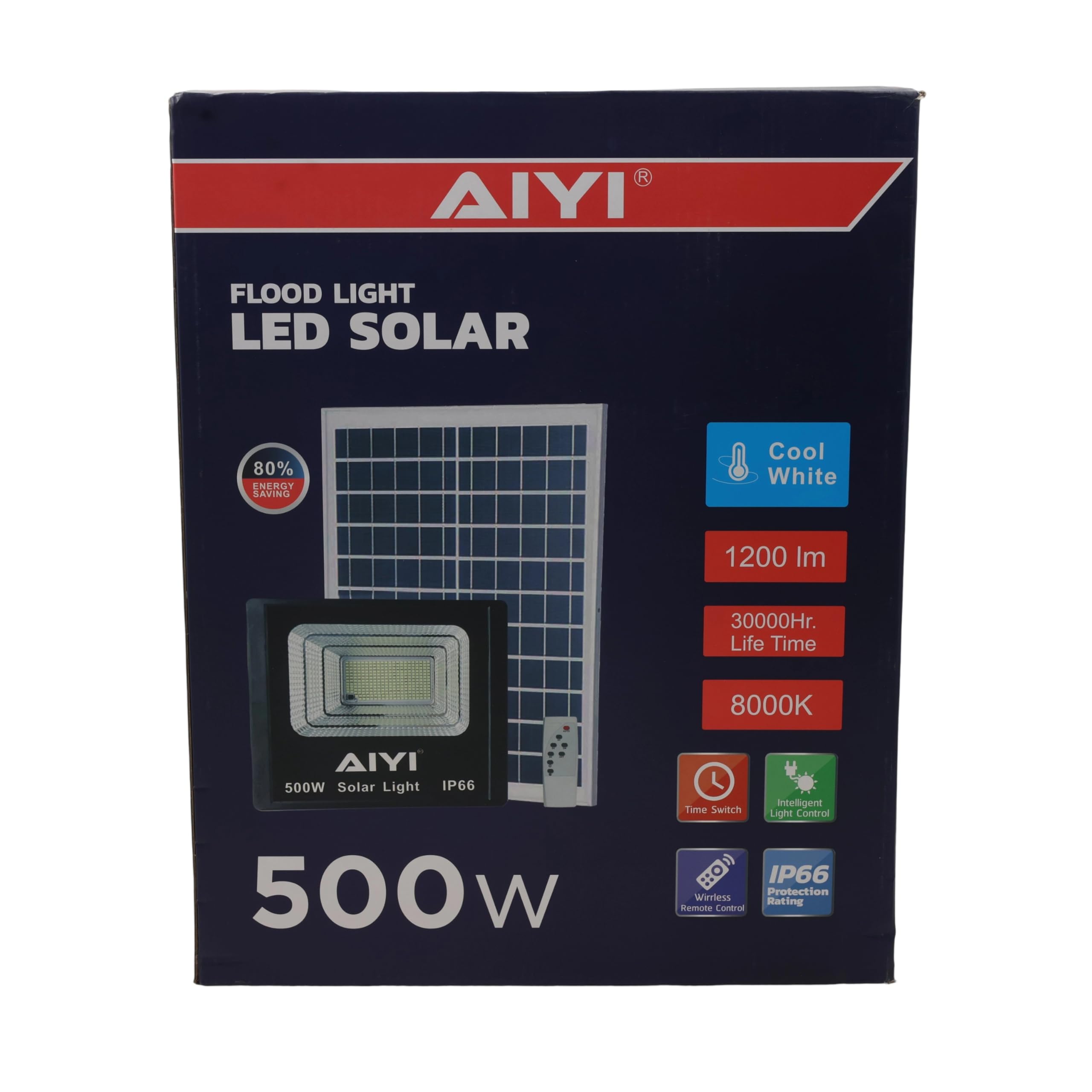 AIYI 500W Solar Flood Light with Remote, 1200 Lumens, LiFePO4