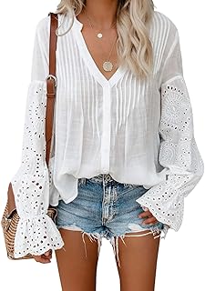 Canikat Women's V Neck Lace Crochet Flowy Bell Sleeve Button Down Casual T Shirts Blouses Tops