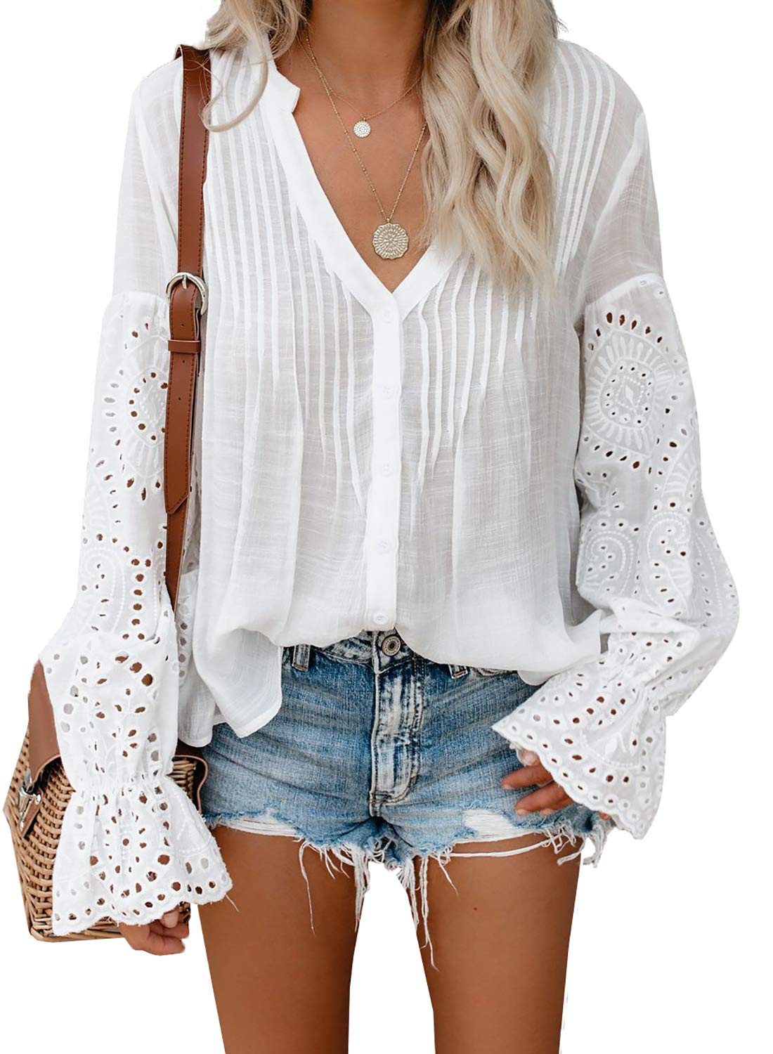 Canikat Women's V Neck Lace Crochet Flowy Bell Sleeve Button Down Casual T Shirts Blouses Tops