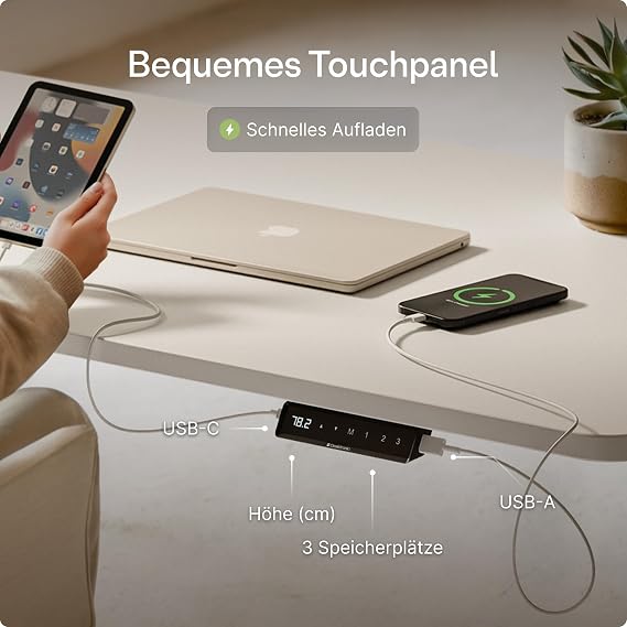 desktronic height-adjustable desk 140 x 70 cm sturdy desk electric standing desk with touchscreen and integrated charging plugs