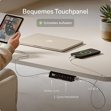desktronic height-adjustable desk 140 x 70 cm sturdy desk electric standing desk with touchscreen and integrated charging plugs