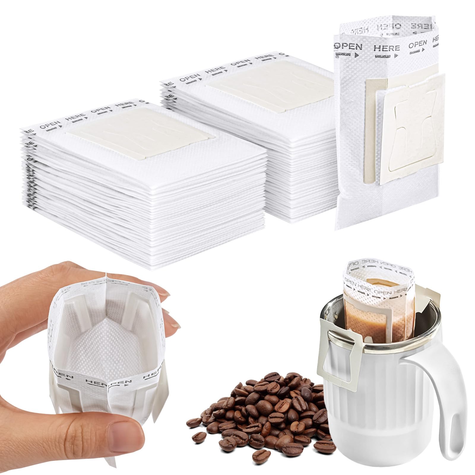 ABOHU 80 Pcs Portable Coffee Filter Paper Bag, Food Grade Hanging Ear Drip Coffee Bag, Single Serve Disposable Drip Coffee Filter Bag for Home Office Travel Camping, White