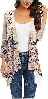 WANZZXCSL Open Front Cardigans Women Polyester Tunics Pleated Softest Boxy Fit Florals Collarless Outdoor 3/4 Sleeve Spring Casual Cardigans Ladys