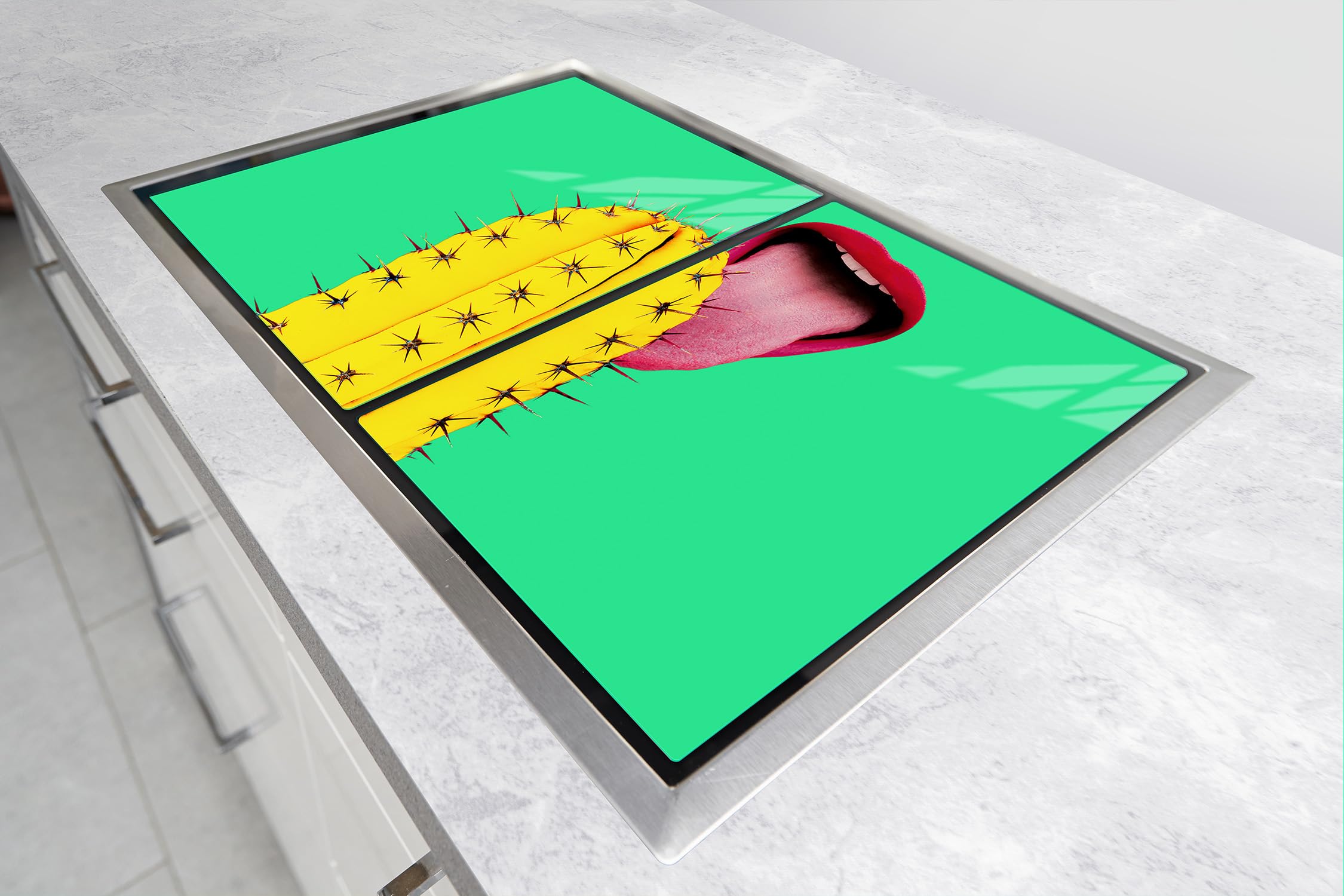TMK ArtDeko Copri piano cottura induzione 85 x 52 cm copertura per piano cottura in vetroceramica 2 pezzi universale per piastre di cottura paraspruzzi tagliere in vetro temprato, Cactus