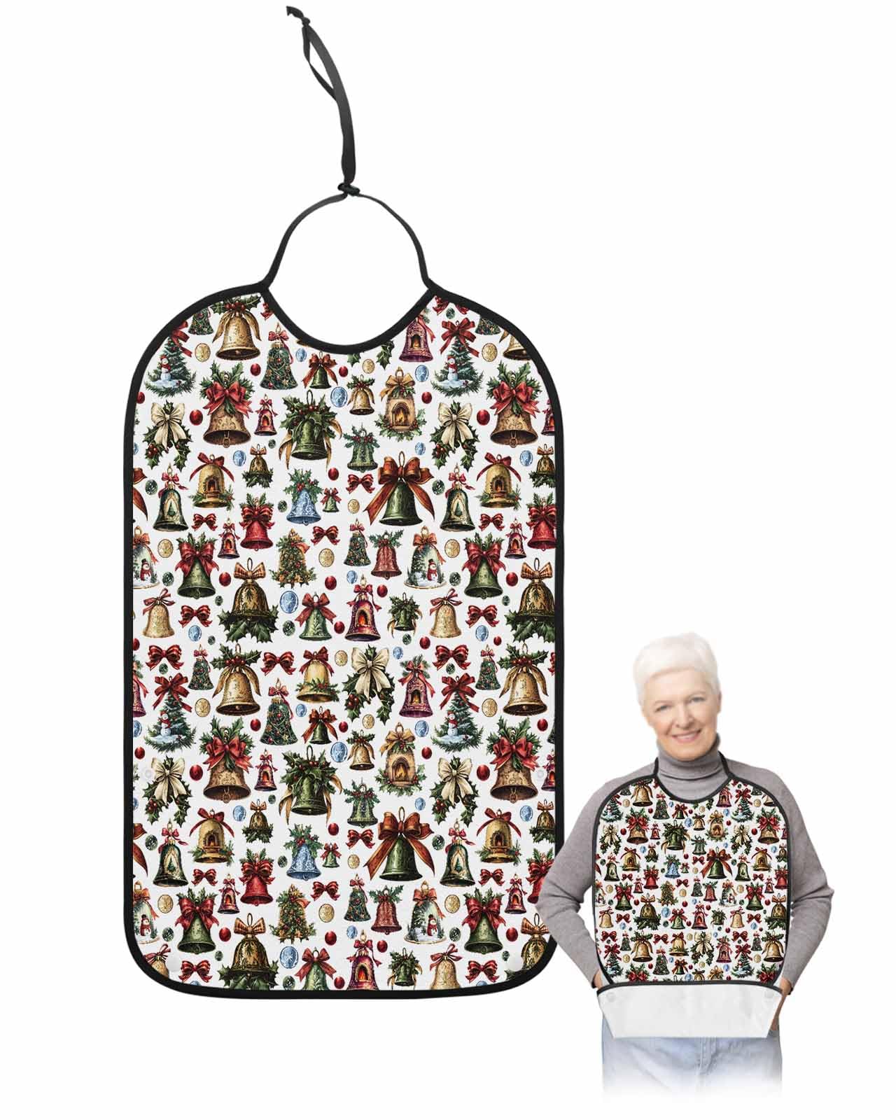 Christmas Adult Bibs for Eating, Christmas Ornaments Bells Bows Washable Elderly Adult Bibs for Men Women Large Reusable Adjustable Clothing Protector with Optional Crumb Catcher
