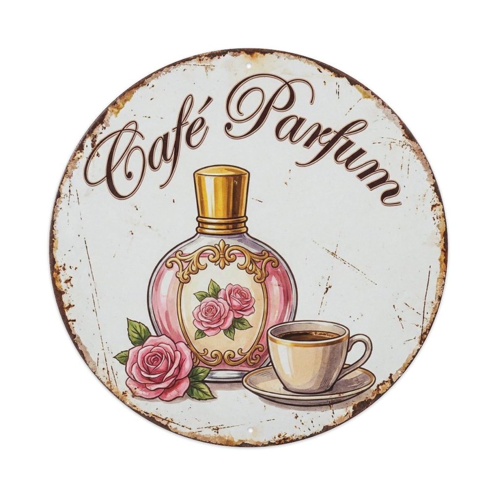 Perfume Moka Bottle Pot Cappuccino Coffeehouse Espresso Metal Tin Sign Plaque Wall Decor for Cafe, Man Cave, Club Bar, Office, Home Garden Round Metal Poster 8x8Inch