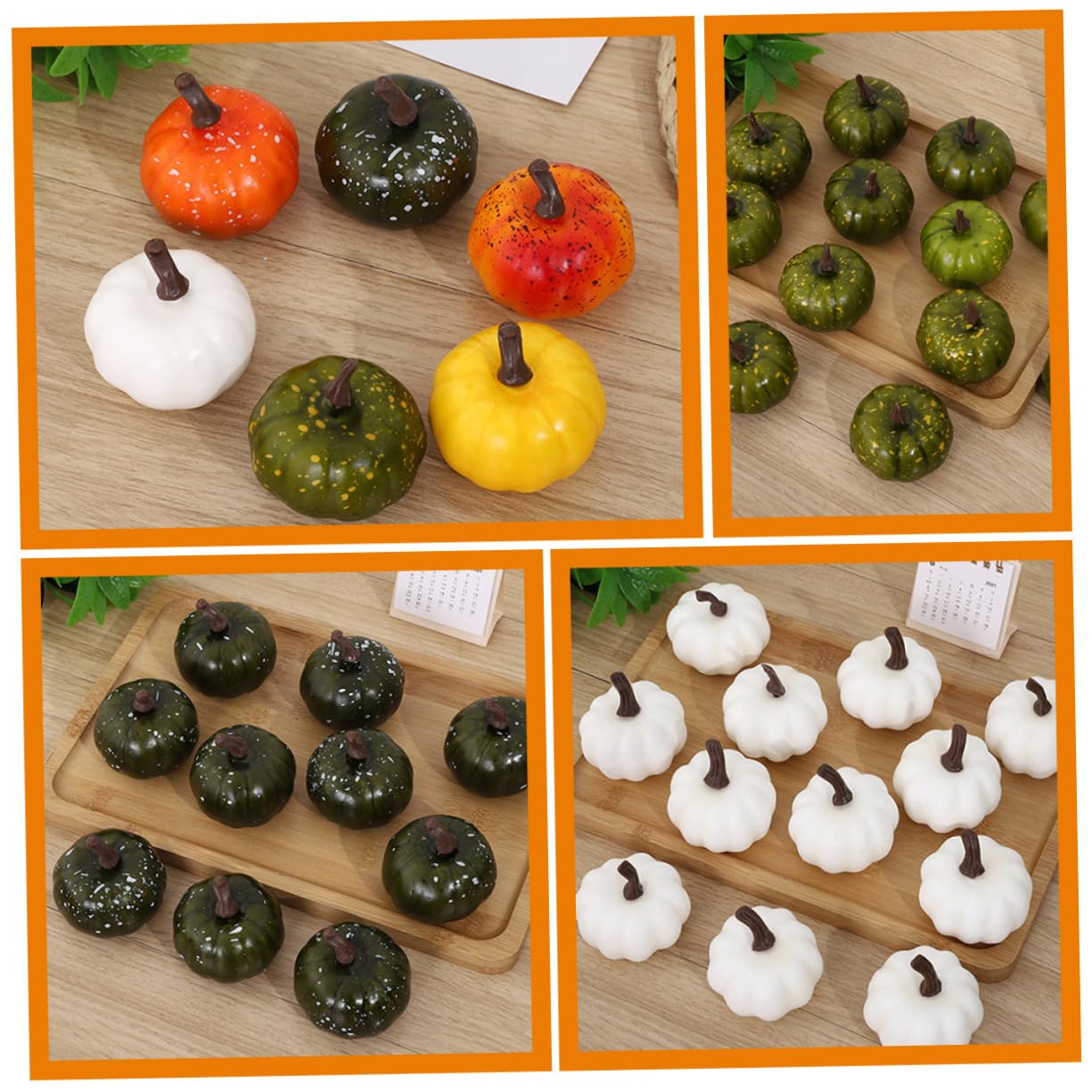 18 Stück Teiliges Künstliche Kürbisse für Halloween Simulierte Deko Pumpkins Gelb Grün Weiß Hellbraun und Dunkelgrün für Partys und Erntedankfest