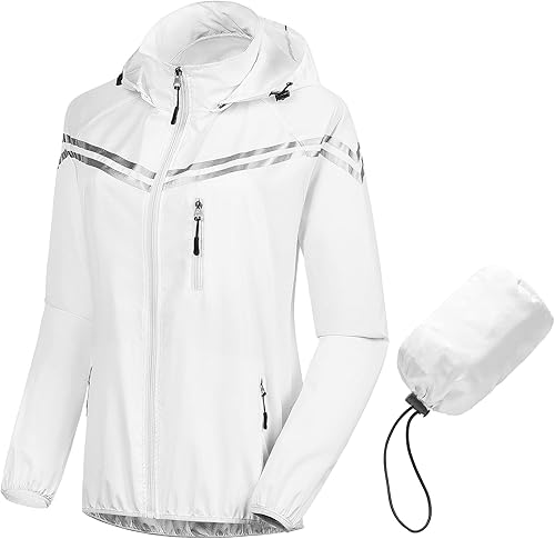 CREATMO US Chaqueta impermeable plegable para mujer, chaqueta de ciclismo reflectante con capucha desmontable