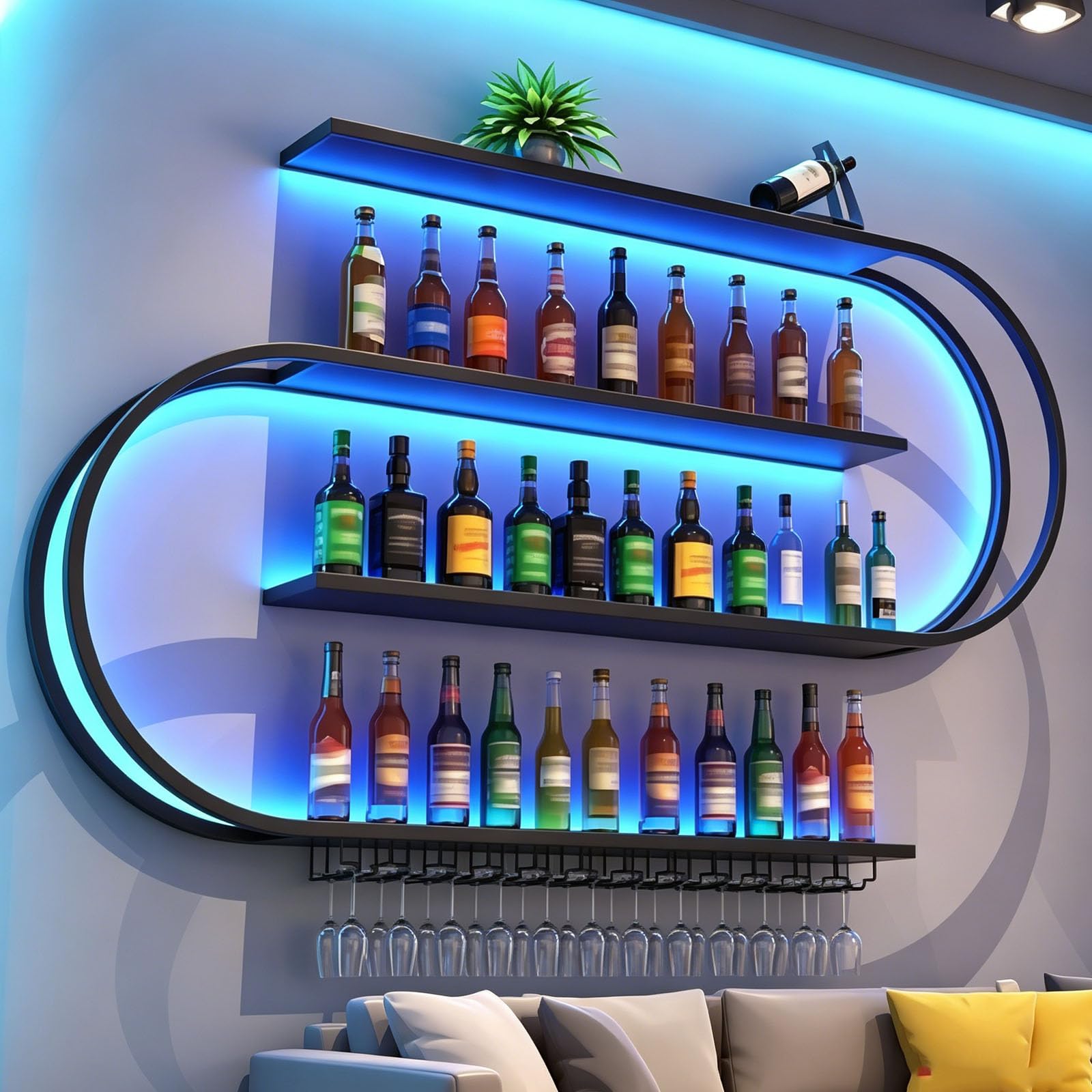 Wall Mounted Wine Rack, 4 Tier Large Metal Industrial Liquor Bottles Shelf with Glass Holder, Modern Bar Unit Floating Shelves Wine Storage Display Shelf For Restaurant Decoration (Black, 200cm)
