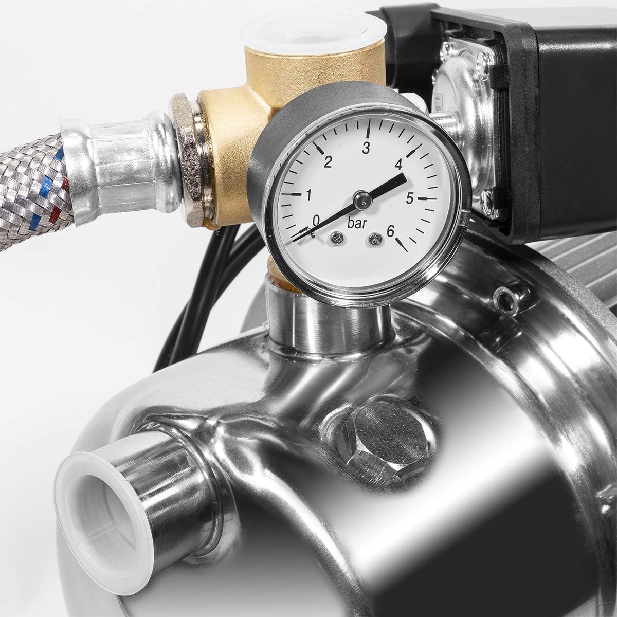 Very close-up view of the pressure gauge on the XtremepowerUS pump, showing pressure readings in bar.