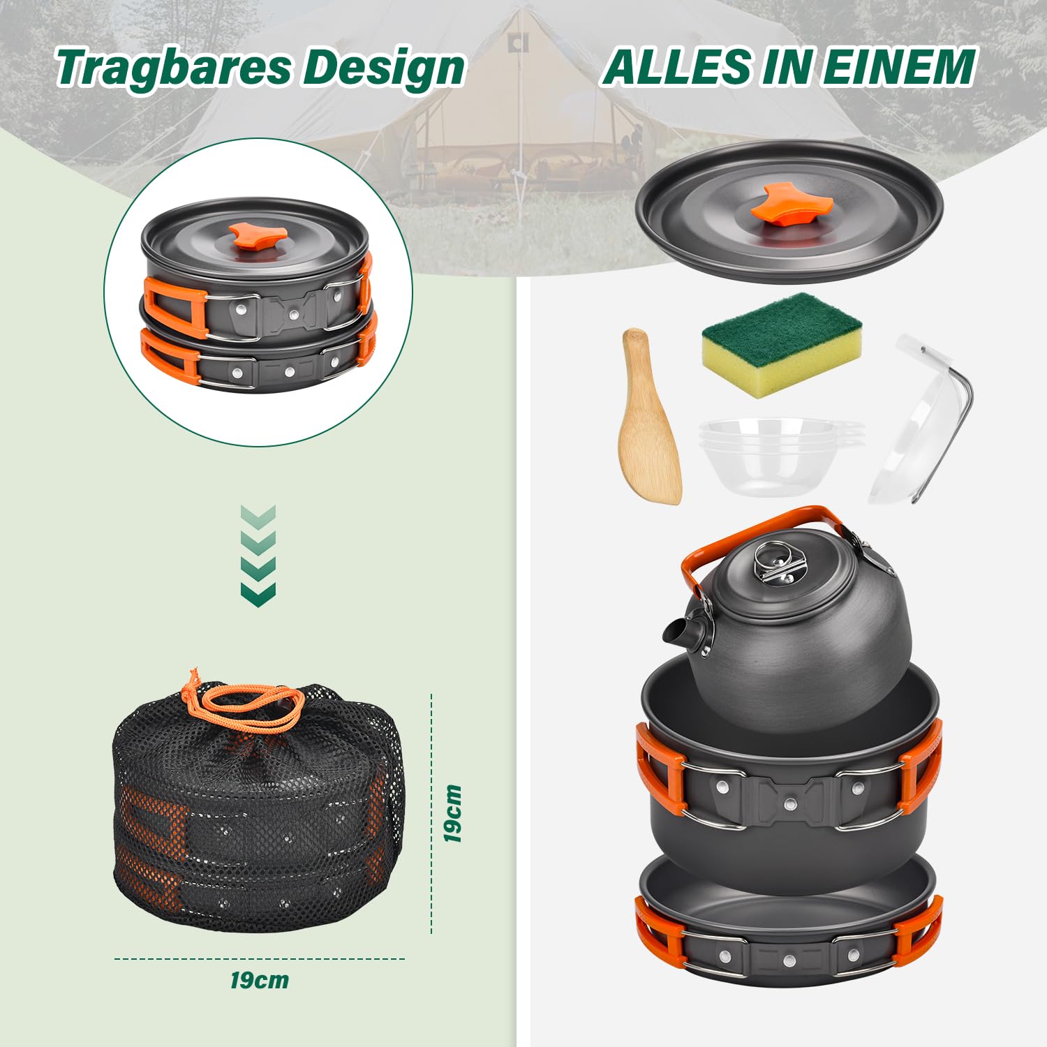 Onherm Juego de Utensilios de Cocina para Acampar, 13 Piezas de vajilla Plegable para Exteriores con Olla, sartén y teteras para Senderismo, Cocina al Aire Libre y Picnic para 1-4 Personas.