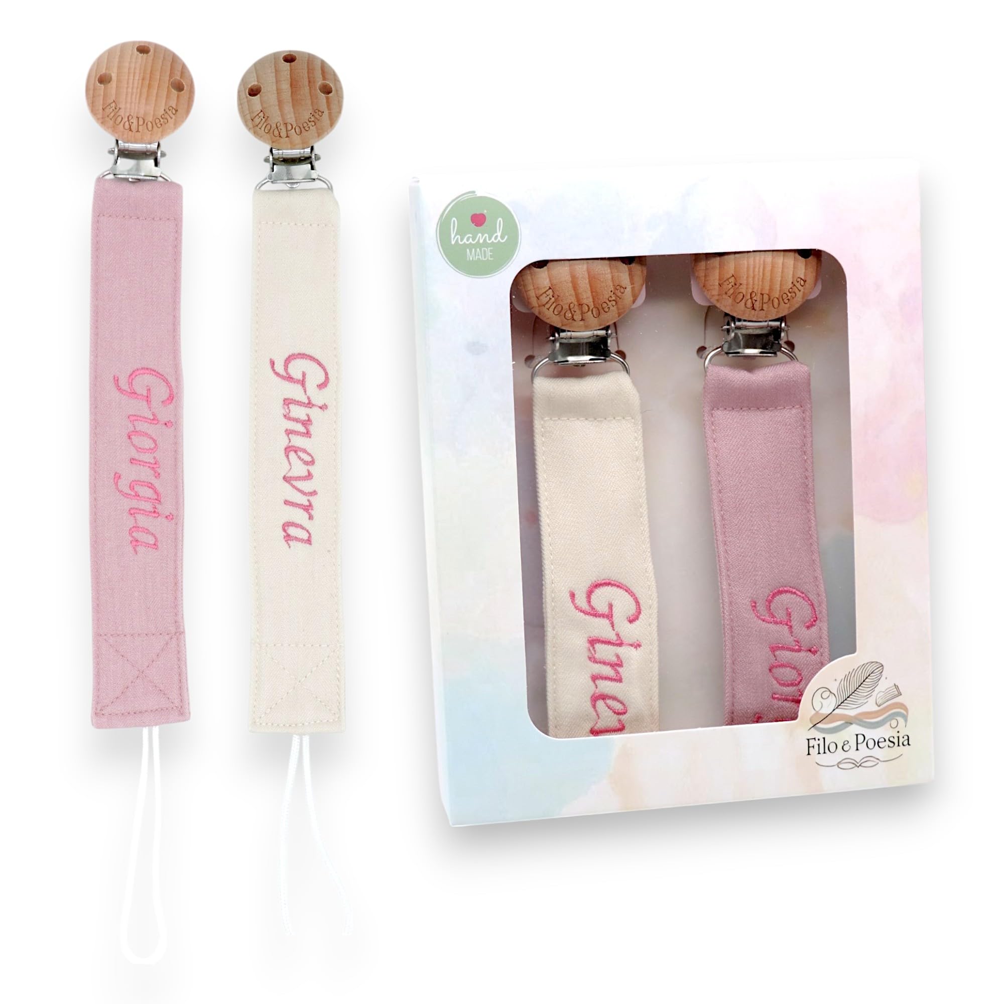 Filo e Poesia Catenella Portaciuccio Con Nome Personalizzata con nome ricamato tanti modelli e colori Portaciuccio da poter scegliere ottima idea regalo per Baby Shower. 2 Pezzi (Rosa-Beige)