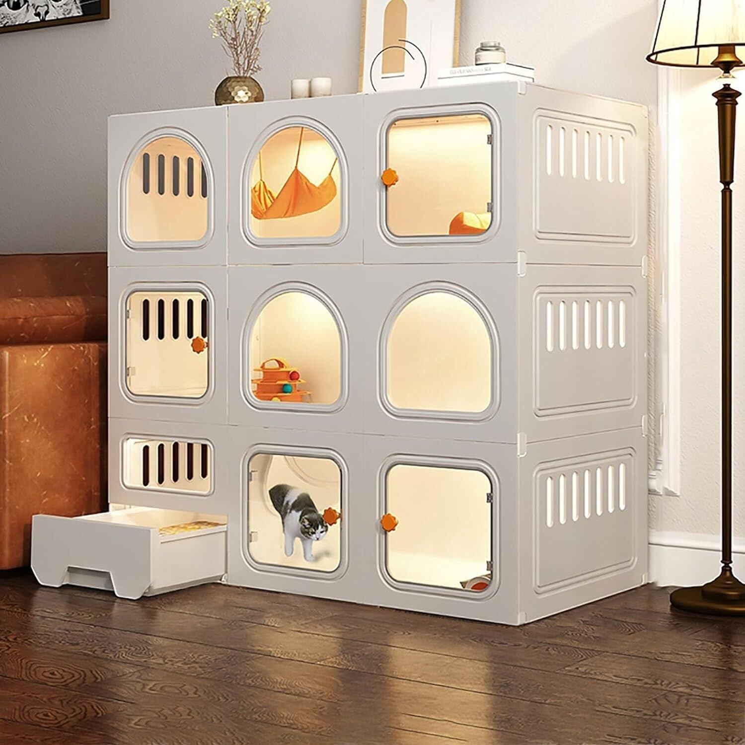 Cat House Cat Cage,DIY Cat Enclosure,Cat House Pet Playpen for Cats,Cat Cage Indoor with Litter Box,Easy to Assemble Cattery for Cat and Small Animals,White-106x46.5x106cm