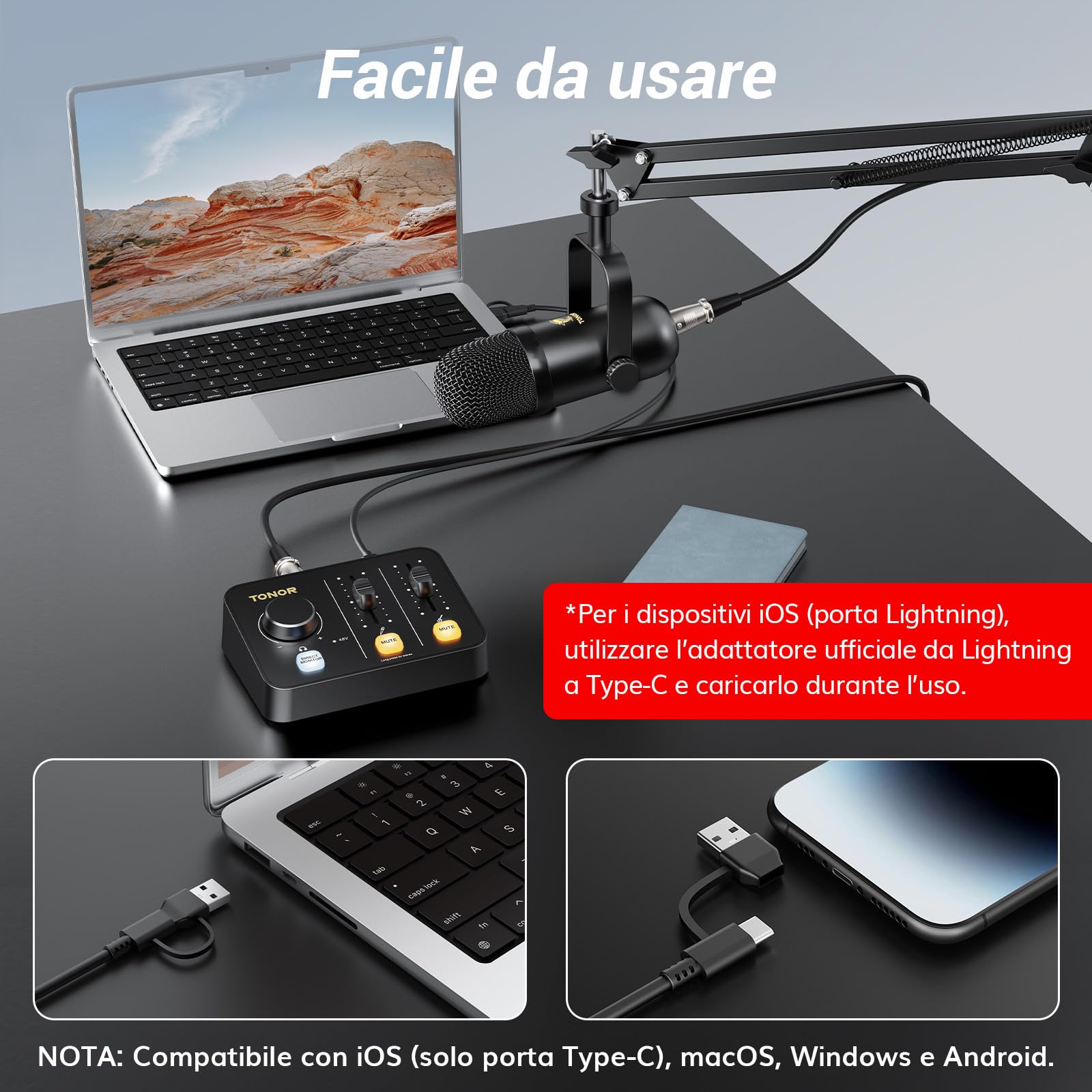 TONOR Podcast Equipment Bundle, Mixer Audio con Microfono Dinamico di Boom Arm Set, Microfono XLR con Interfaccia Audio da Studio, Pacchetto all-in-one per Podcasting, Streaming, Registrazione POD-1