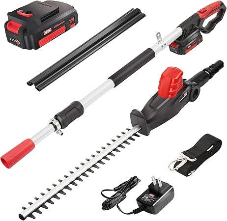 Review MZK 20V MAX 22.4-inch Cordless Pole Hedge Trimmer Attachment, 15-Foot Reach, Electric Hedge Trimmer with Extension Pole, Multi-Angle (Battery and Fast Charger Included)