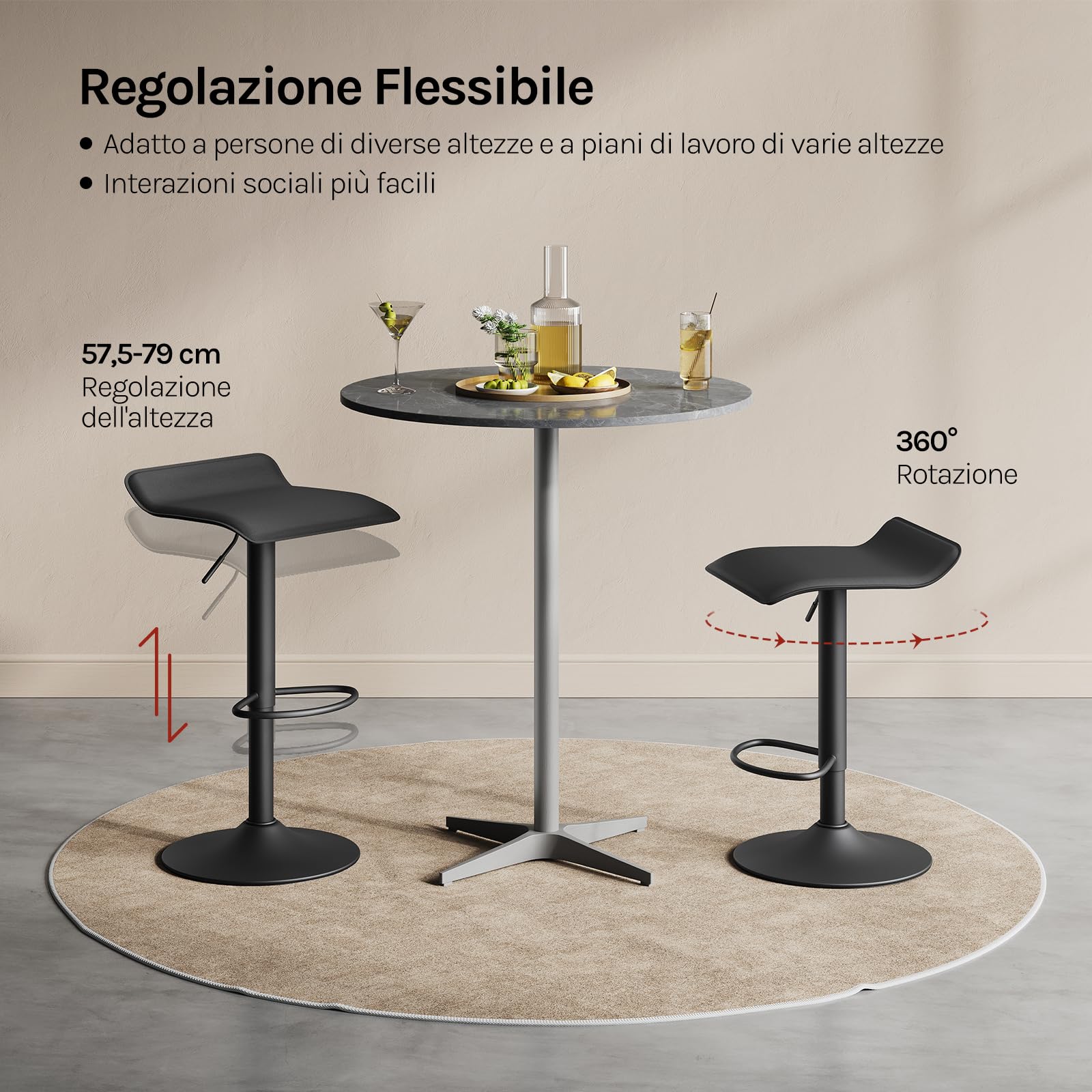 WOLTU Sgabelli da Cucina Set di 2, Sgabelli da Bar, Altezza Regolabile, Girevoli a 360°, PU, Struttura in Metallo, Soggiorno, Bar, Caffè, Nero+Nero