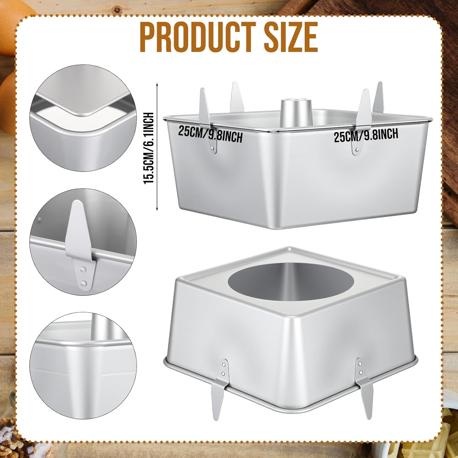 Vesici 10 Inch Square Tube Cake Pan with Cooling Feet Angel Food Cake Pan with Removable Bottom Non-stick Aluminum Alloy Pans for Baking Pound, Chiffon Cakes(Silver) - Image 2