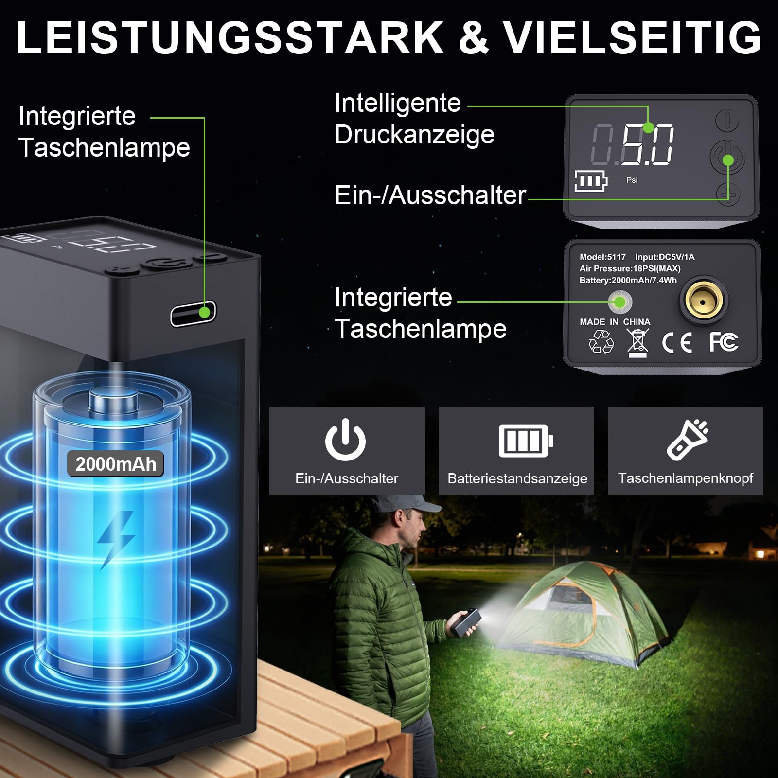 Campingdusche 20L mit 2000mAh Pumpe - Faltbare Outdoor Dusche inkl. 2m Schlauch & Aufbewahrungstasche - Mobile Solardusche für Wohnmobil