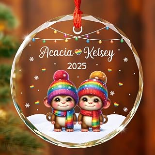 Customized Rainbow LGBT Glass Ornament Christmas 2025, Monkey Couple LGBT Christmas Ornament Gift for Newly Couple Engaged, Personalized Names/Date Pride Decor Gifts for Lesbian Gay Couples