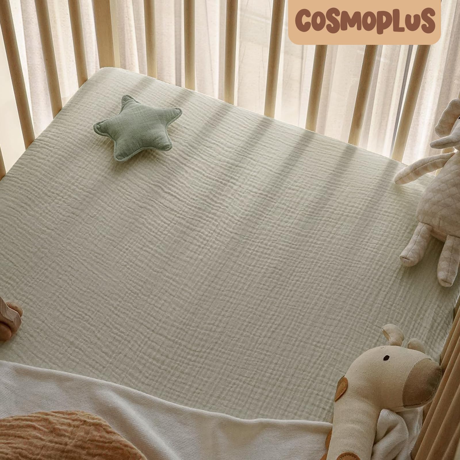 COSMOPLUS - Lenzuola in mussola per culla, unisex, neutre, confezione da 2 pezzi, lenzuolo con angoli per culla standard e materasso per lettino per bambini, cotone biologico, verde ardesia e grigio