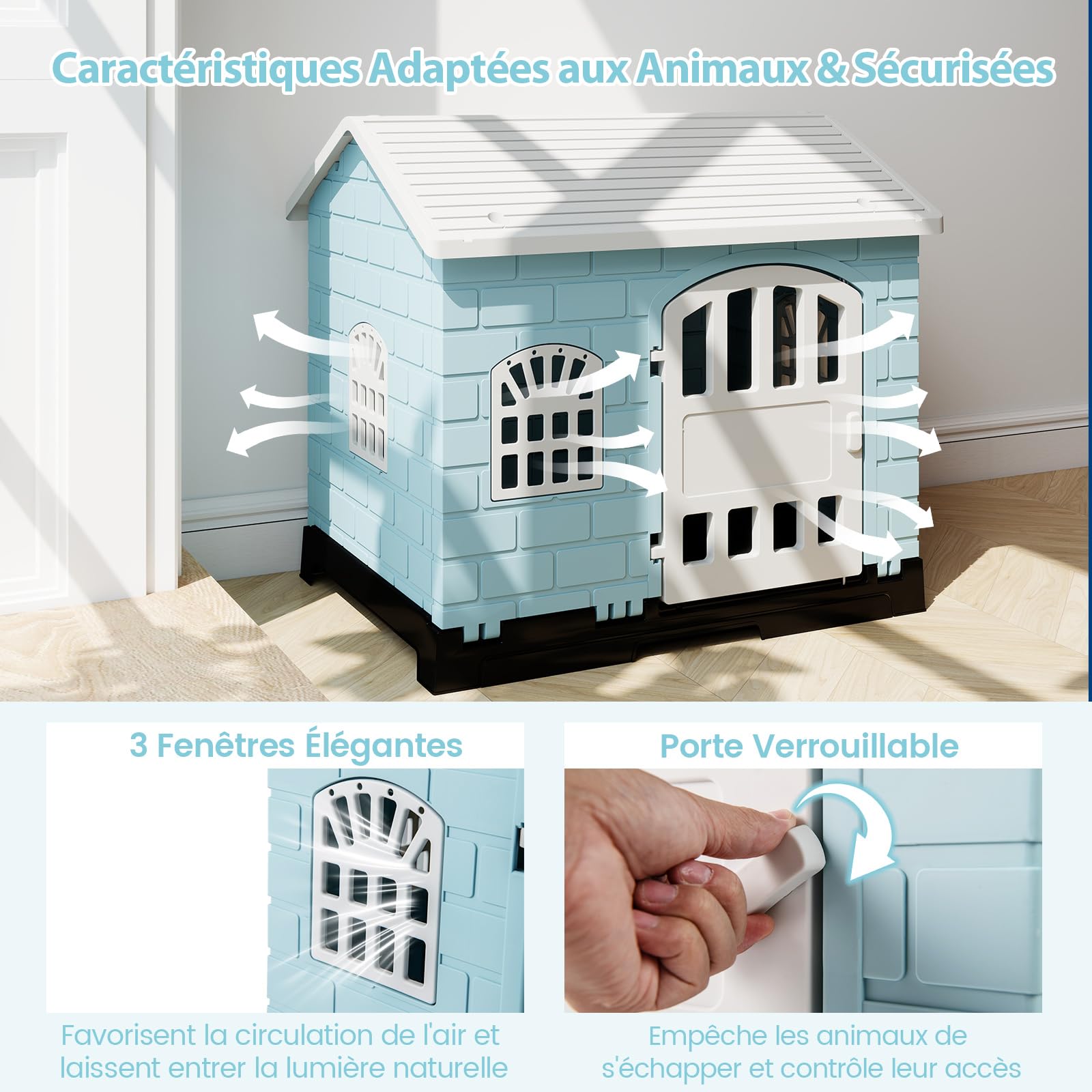 COSTWAY Niche pour Chien Pliable Exterieur Interieur, Plateau de Toilette Amovible, Porte Verrouillable, Cage Chien Chat en PP, 3 Fenêtres, Toit Incliné, pour Chiot Chat Lapin (75 x 57 x 68 cm,Bleu)