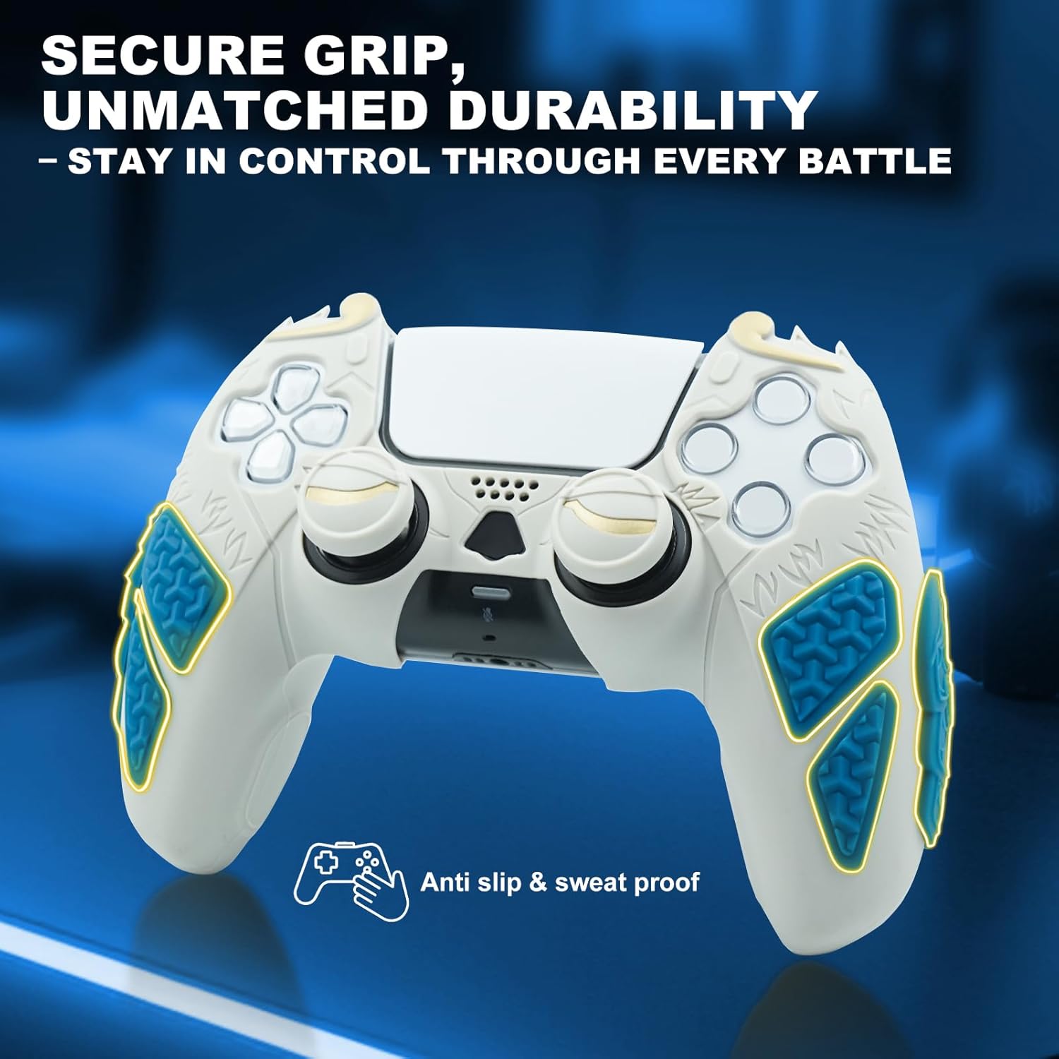 Grip Cover for PS5 Controller, Wukong-Inspired Ergonomic Silicone Cover with Fiery Eyes Joystick Caps, Chainmail Grip Design & Somersault Cloud Back (Grey) - Image 3