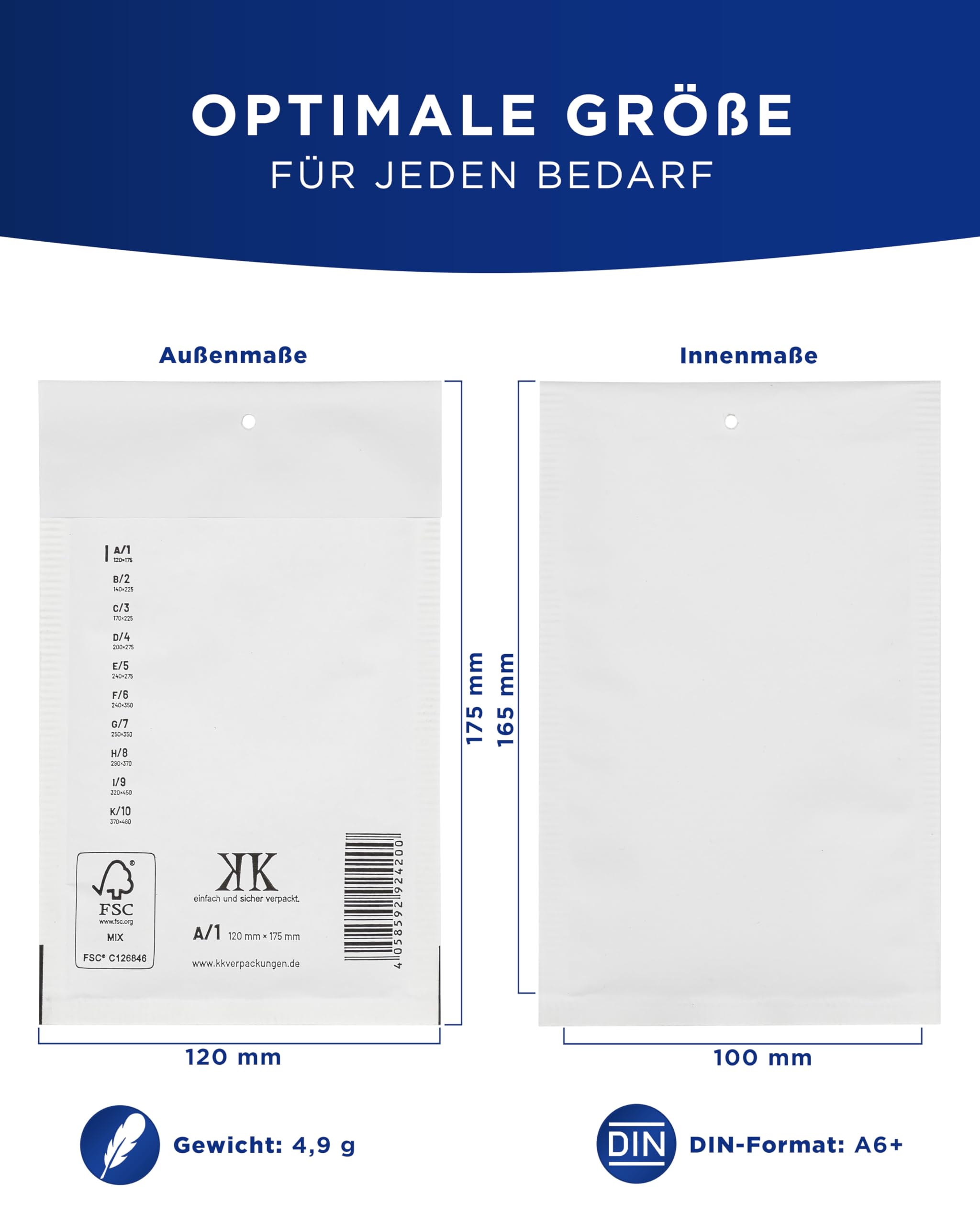 KK Verpackungen 1200x Luftpolster-Versandtaschen A1 A/1 120 x 175 mm (Außenmaß) in Weiß | Luftpolsterumschläge Luftpolstertaschen selbstklebend für DIN A6+