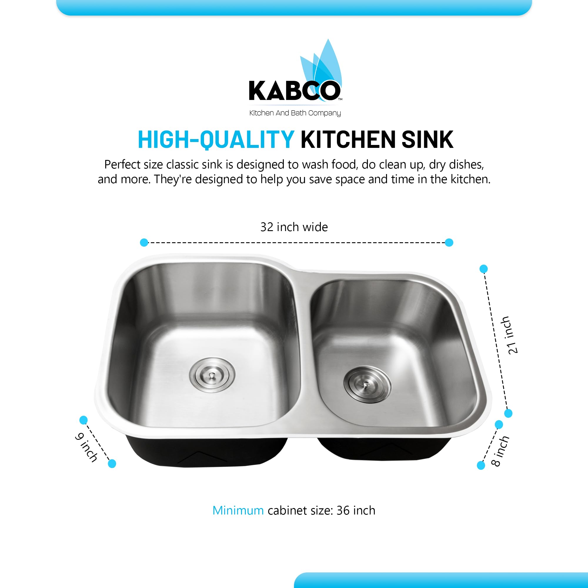 KABCO 32 Inch Stainless Steel 60/40 Double Unequal Bowl Classic