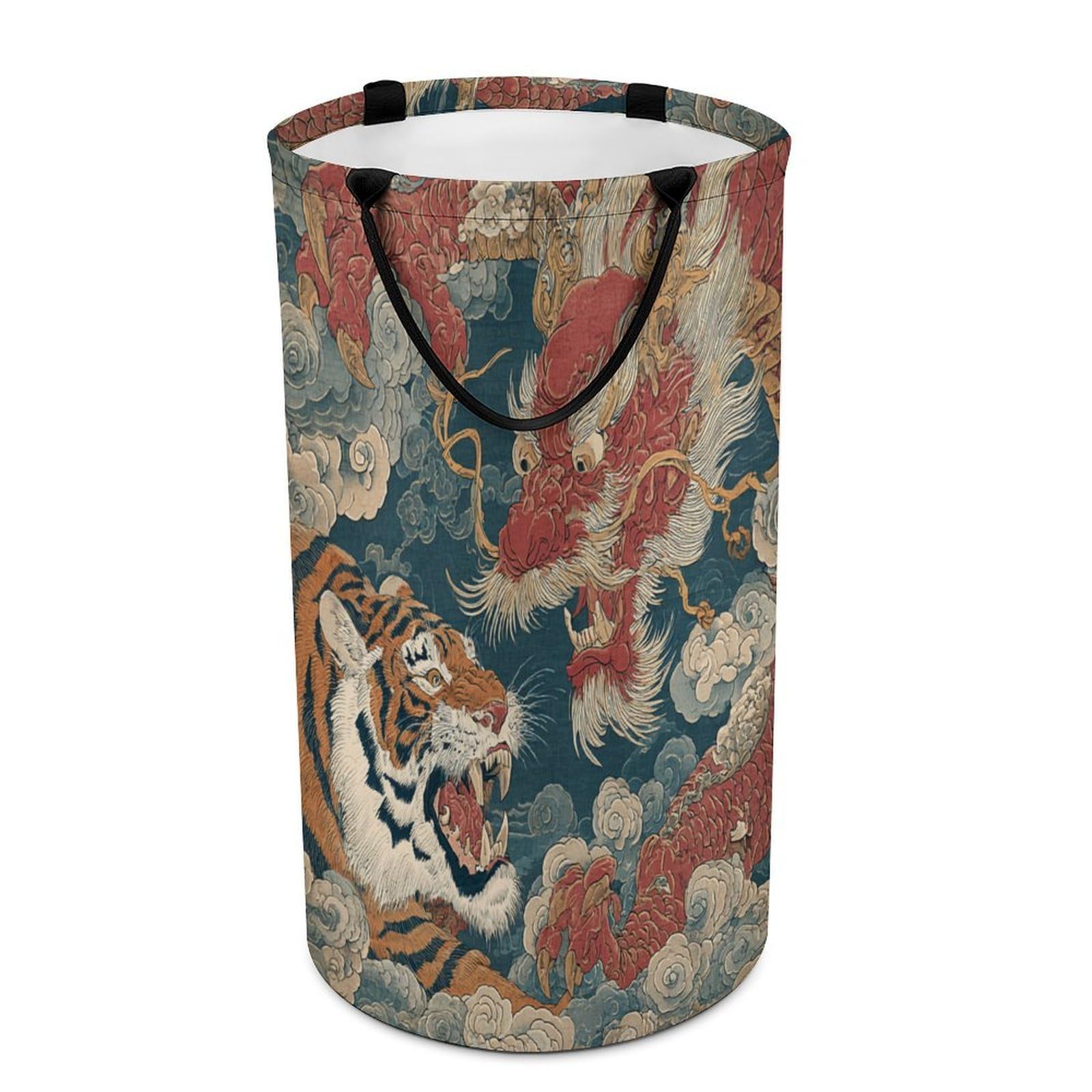 LUYYSKY Classic Watercolor Tiger Dragon Versatile Storage Laundry Basket, Retro Japanese Aesthetic Mythical Animal Tiger Dragon Ocean Waves Large Bathroom Hamper With Handle-40 CM Dia, 69 CM High